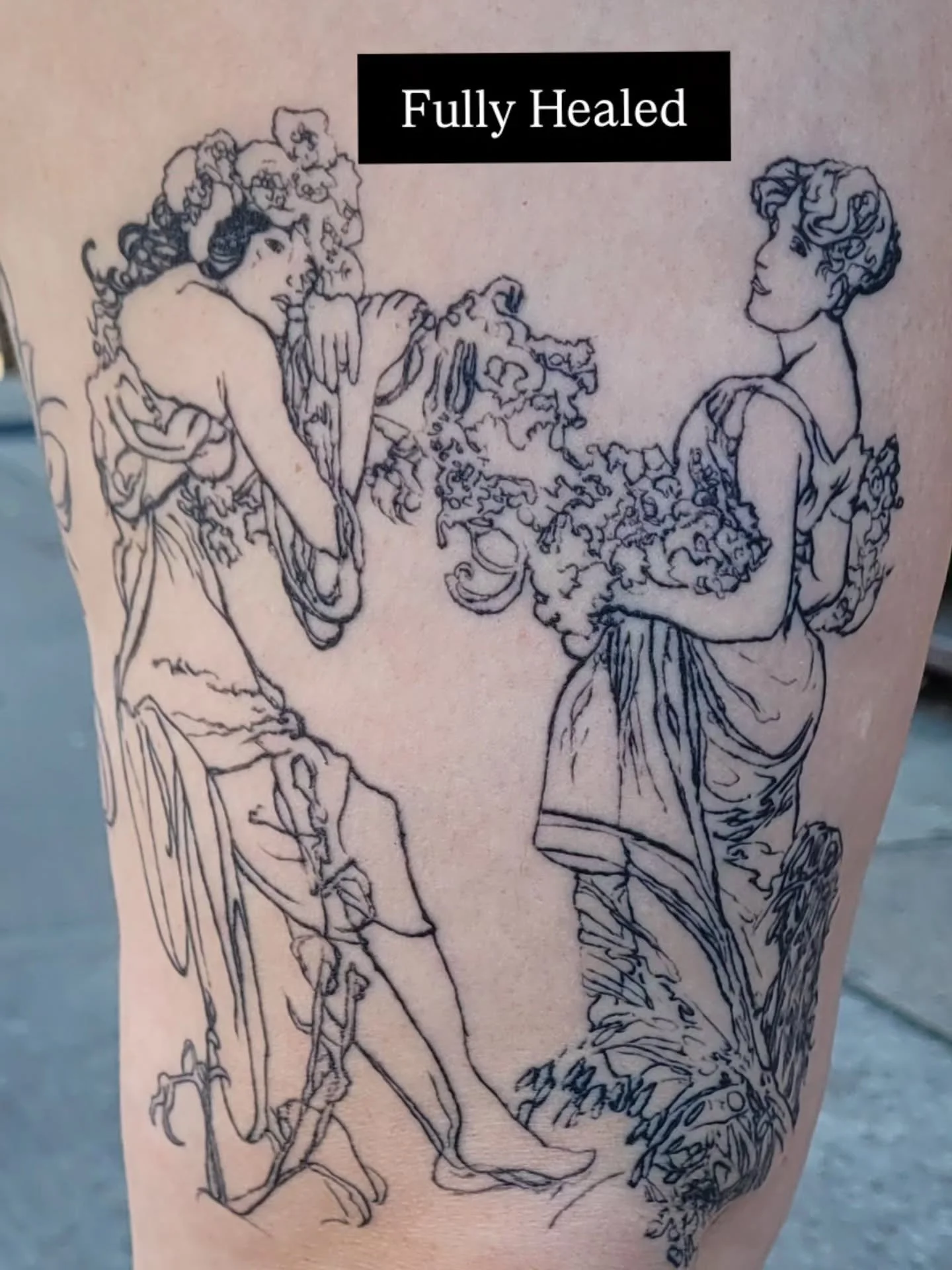 It's so wonderful to see clients again and get to see how their artwork has healed. Morgana has one of my favorite pieces I've ever done. 2 interpretations of summer by Alphonse Mucha above their knee. I have the Falls available currently for anyone 