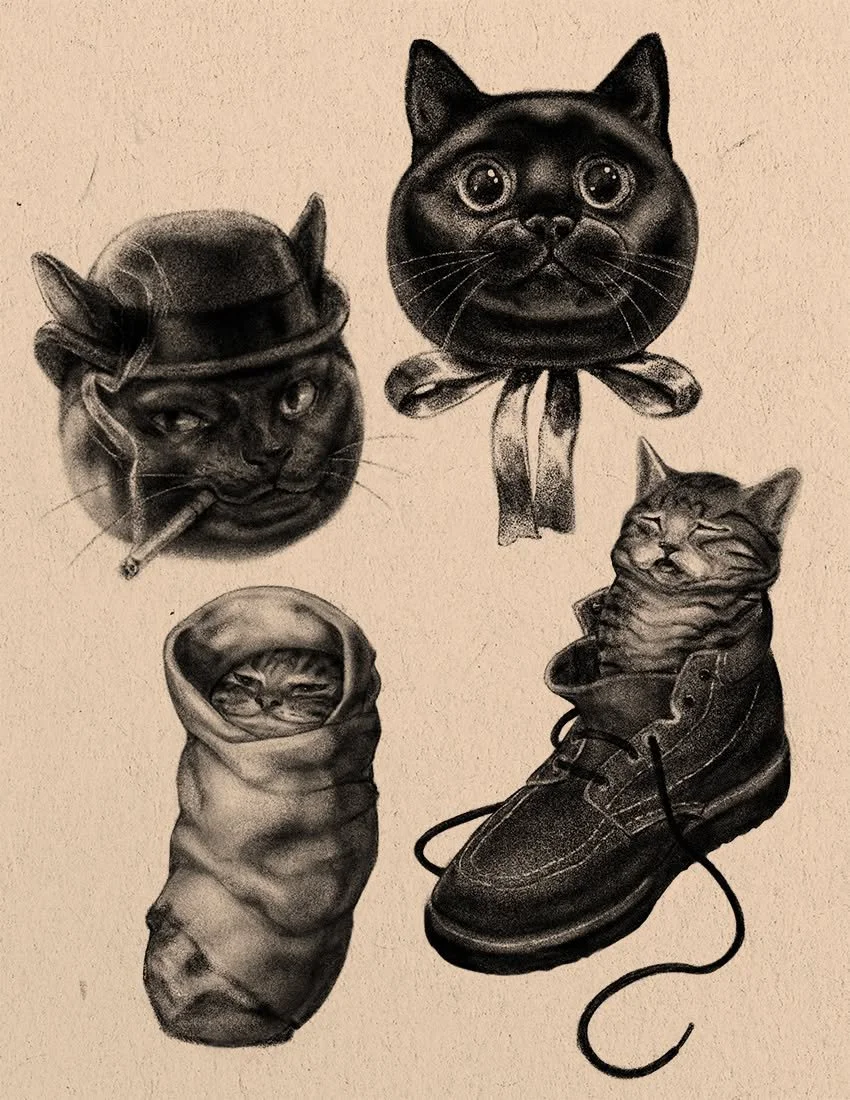 ★ FLASH DESIGNS AVAILABLE ★
These handsome fellas are up for grabs!😸

Just shoot me a message or fill out the form at www.zachnien.com/appointment 
to claim these guys before they're gone!

Swipe to see how I draw these designs➡➡➡

#kittytattoo #cat