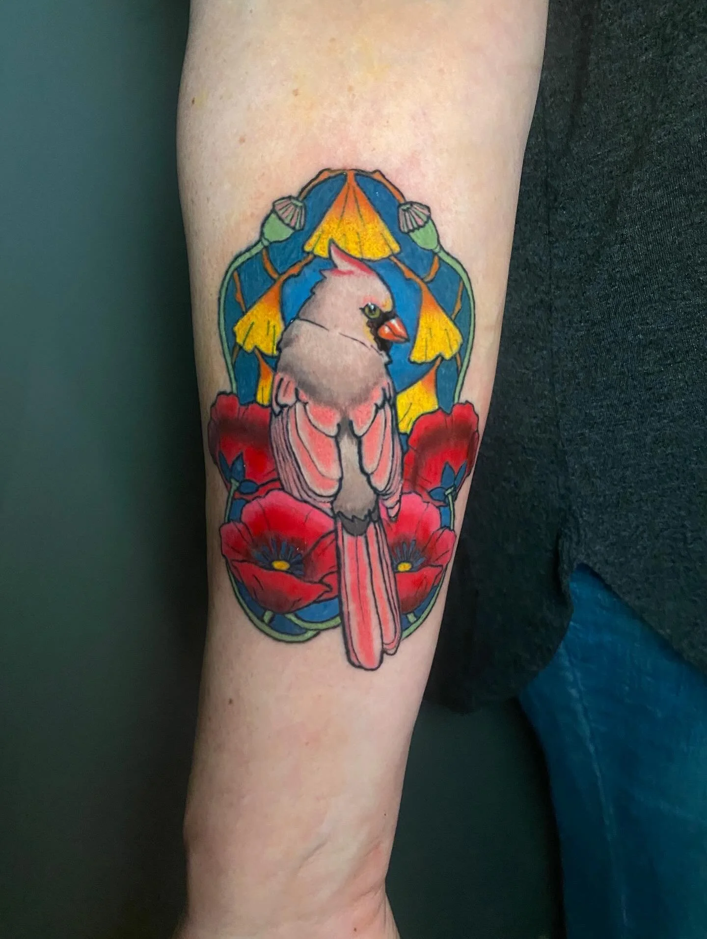 Partially healed partially fresh memorial piece for my client. 

Her mother loved many things, but among them were poppies, cardinals and art nouveau. 

Thanks to my client for trusting me with something so important. Your mom sounded like an incredi