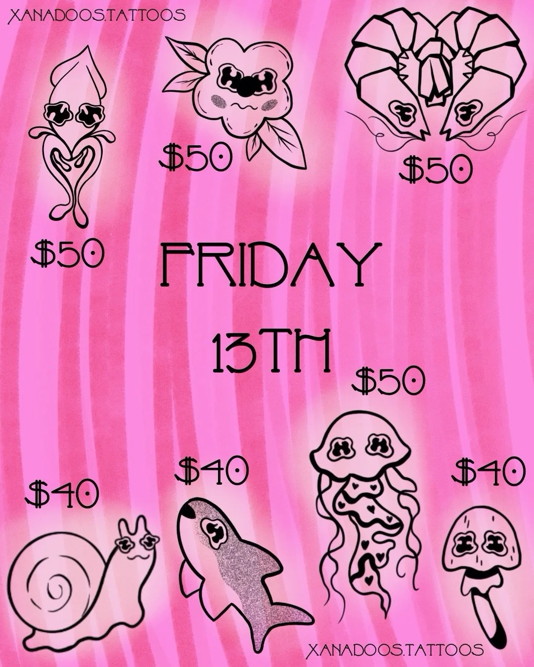 I&rsquo;ve drawn up Friday the 13th designs so come get em, please? You can dm me to book ahead of time and avoid lines or if I have space still available I&rsquo;ll have a list and be tattooing walkins from 10am to midnight.
The second page is some 