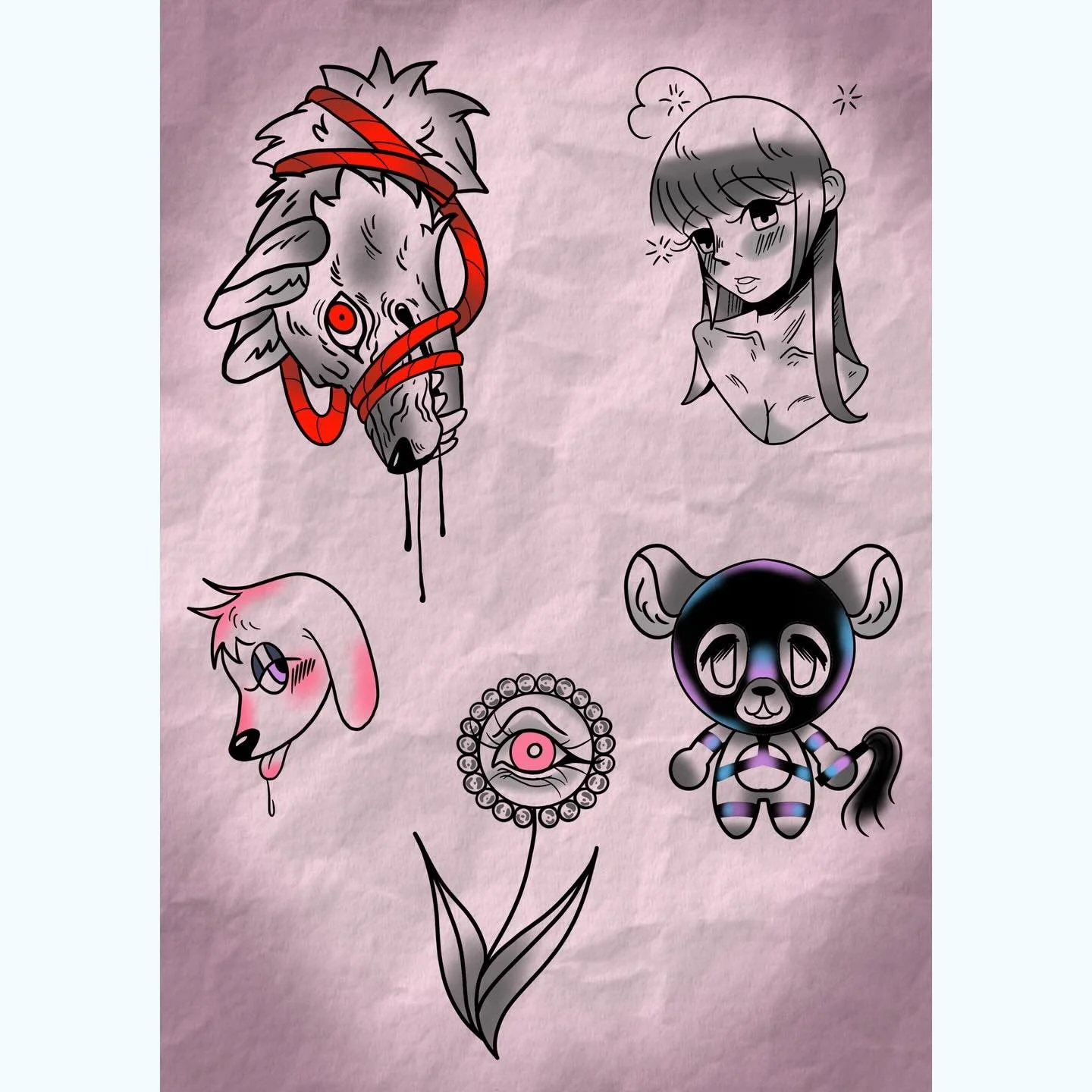 Some new flash! Would love to do the dog head!!
-
👾Booking march/april👾
I&rsquo;m taking walk ins and appointments 
#tattoo #flashtattoo #dentontx #alttattooartist #cutetattoo