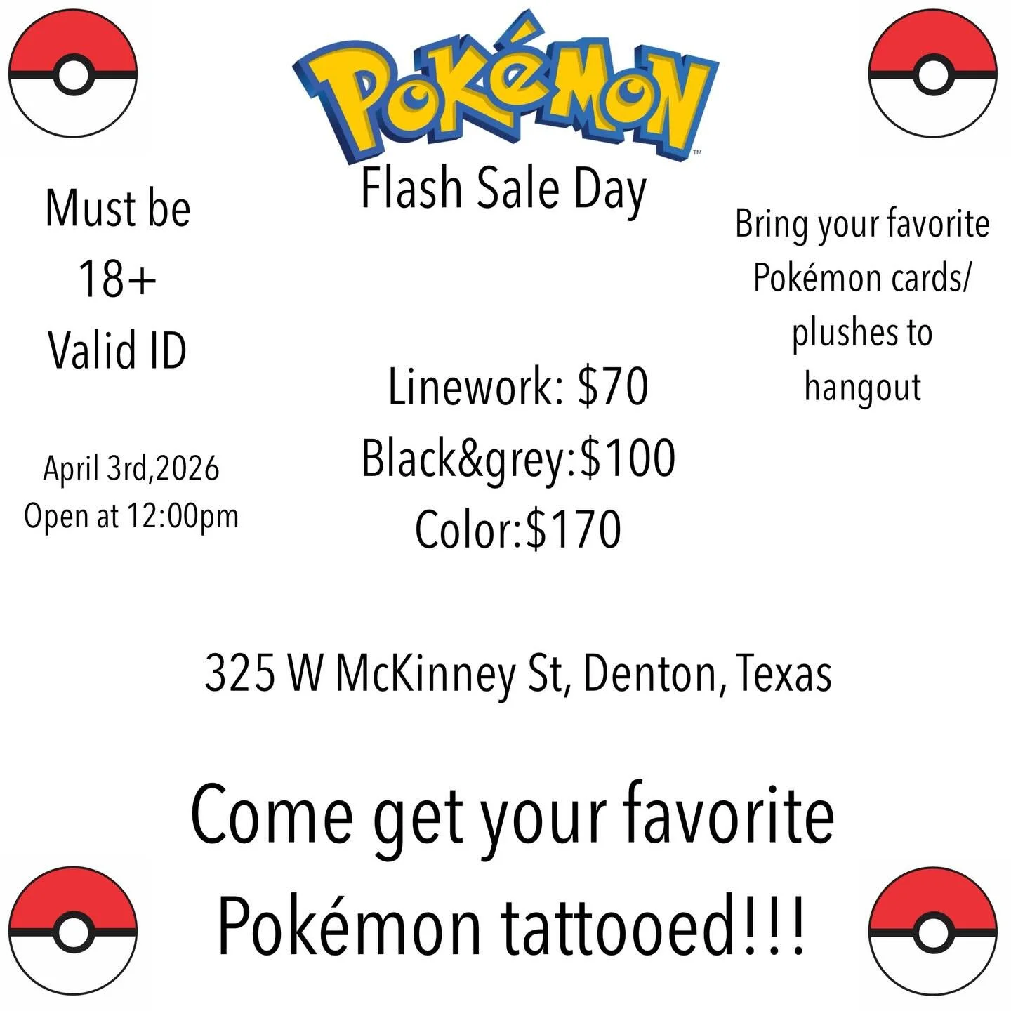 POKEMON FLASH DAY!!!!
-
@theartistsgrove will be having a Pok&eacute;mon flash day on April 3rd starting at 12:00!!! 
-
We will be having rock painting and coloring books.
-
These are some of the flash I&rsquo;ll be having but I&rsquo;ll have a few m