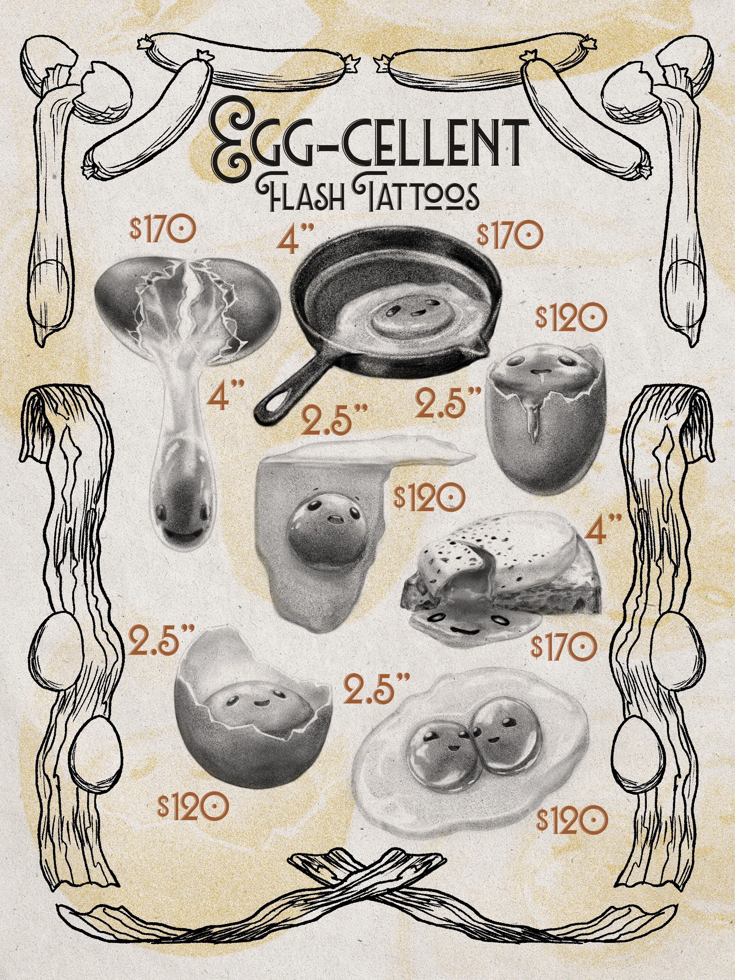 Can I offer you an egg in this trying time?
I'm excited to be serving up these flash tattoos! If you're wanting to book one of these little guys, scramble on over to my website www.zachnien.com or shoot me a dm!
Until then, take it over-easy 🍳

#tat