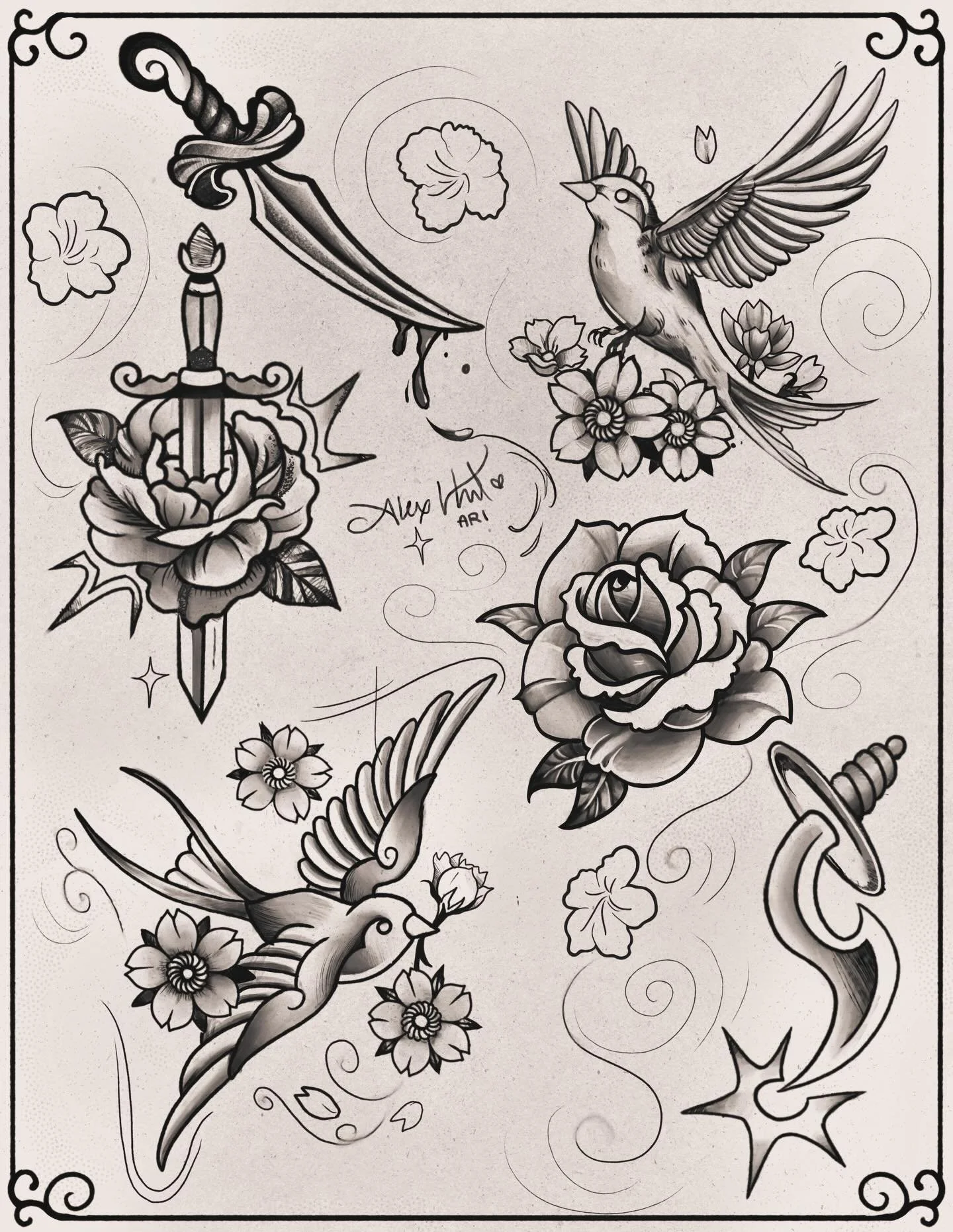 squaw
I&rsquo;m booking for January! I&rsquo;m offering these birds / roses &amp; daggers for free (+tip) so!! Hit me up through the Google Form link in my bio!!!! 
BOOKING FORMM IN BIOOO
I wanna see every alex.hart.art follower in 2026 

#dfwtattoo 