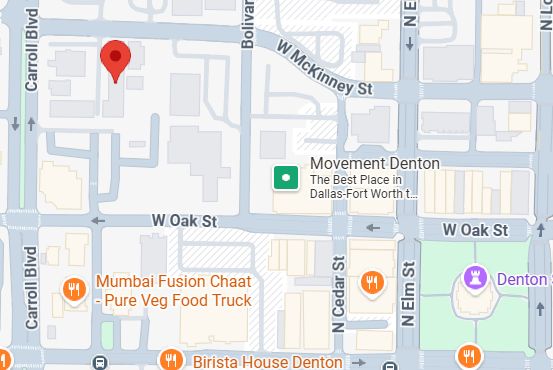 Map showing the location of The Artists' Grove in Denton, Texas, including W Oak St, N Elm St, Carroll Blvd, and notable locations like Mumbai Fusion Chaat, Birista House Denton, Movement Denton, and Denton
