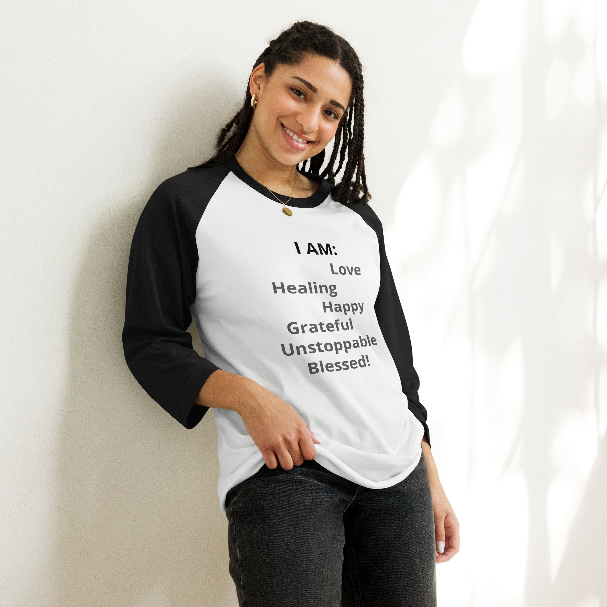 I AM 3/4 sleeve raglan shirt