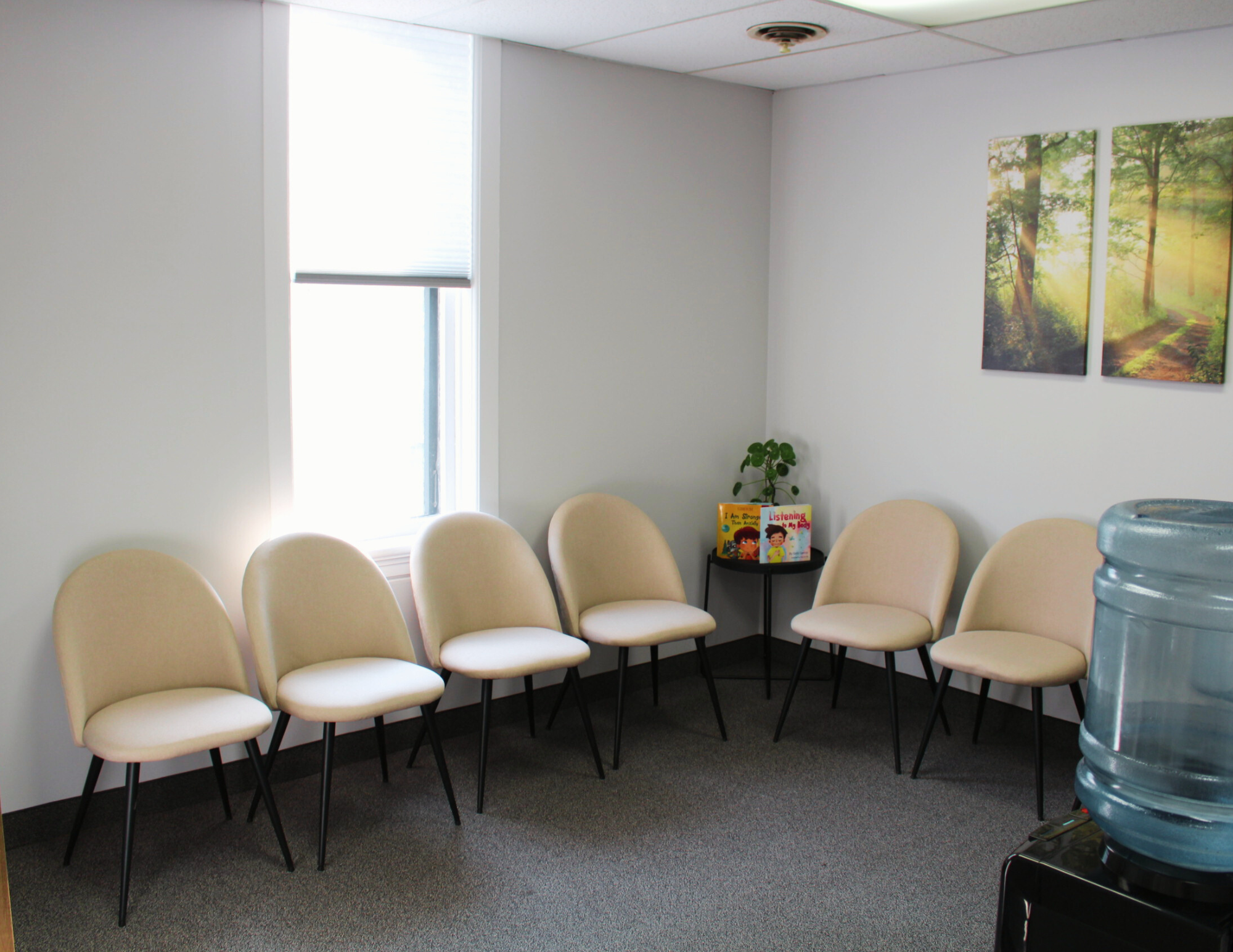 Waiting are with cream chairs at 235  Federick Street, Kitchener where Kaleigh Russell provides couples counselling in Kitchener-Waterloo