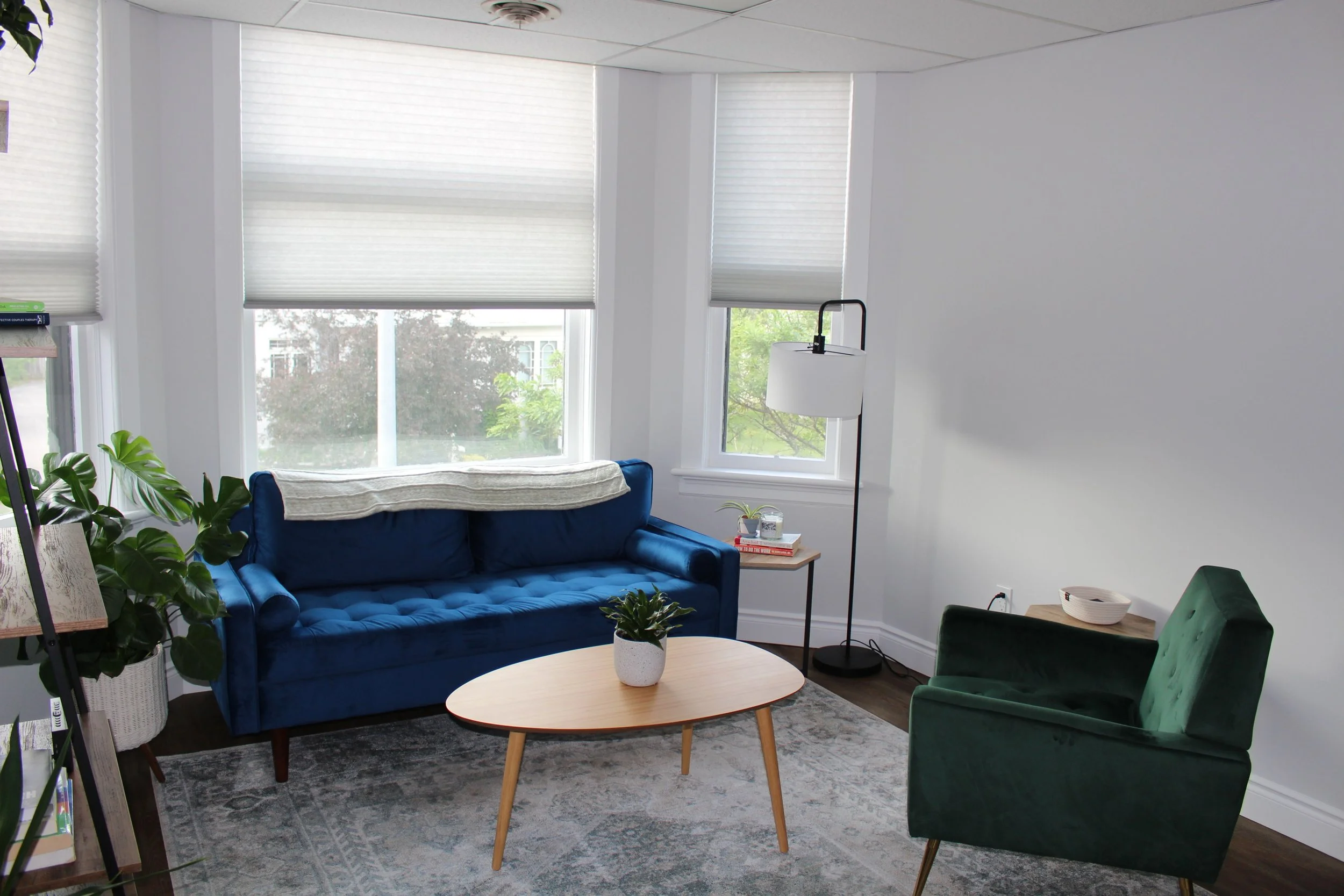 Office with a blue velvet couch, a green velvet chair and bright windows at 235  Federick Street, Kitchener where Kaleigh Russell provides counselling for teens in Kitchener-Waterloo