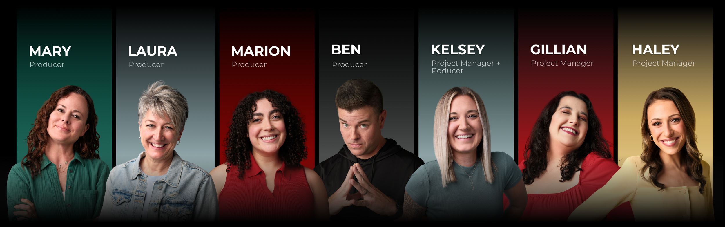 Group photo of IDEOLOGY’s producers and project managers, featuring Mary, Laura, Marion, Ben, Kelsey, Gillian, and Haley with stylized backgrounds