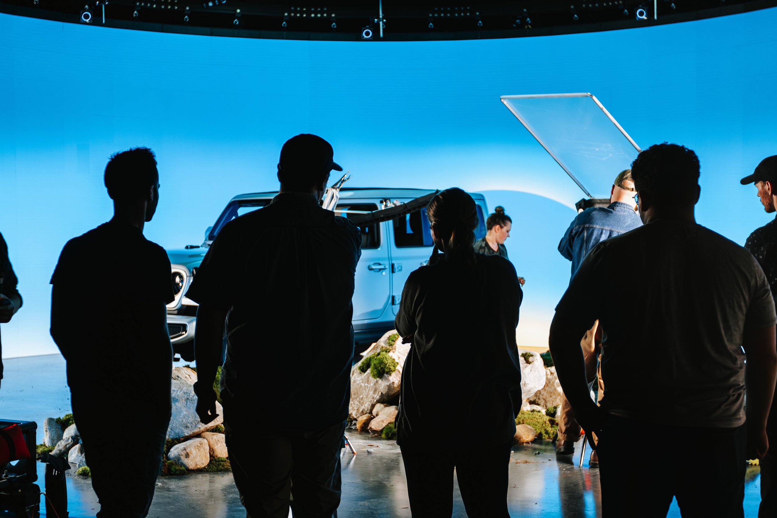 Crew preparing  experimental virtual production shoot on LED wall stage at Golden Hour studio