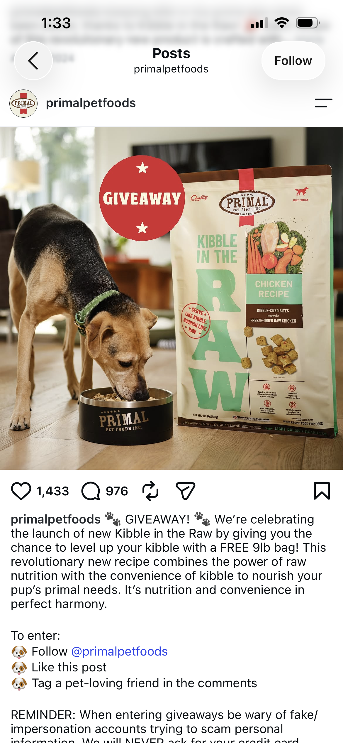 Screenshot of a Primal Pet Foods Instagram giveaway post promoting the brand.