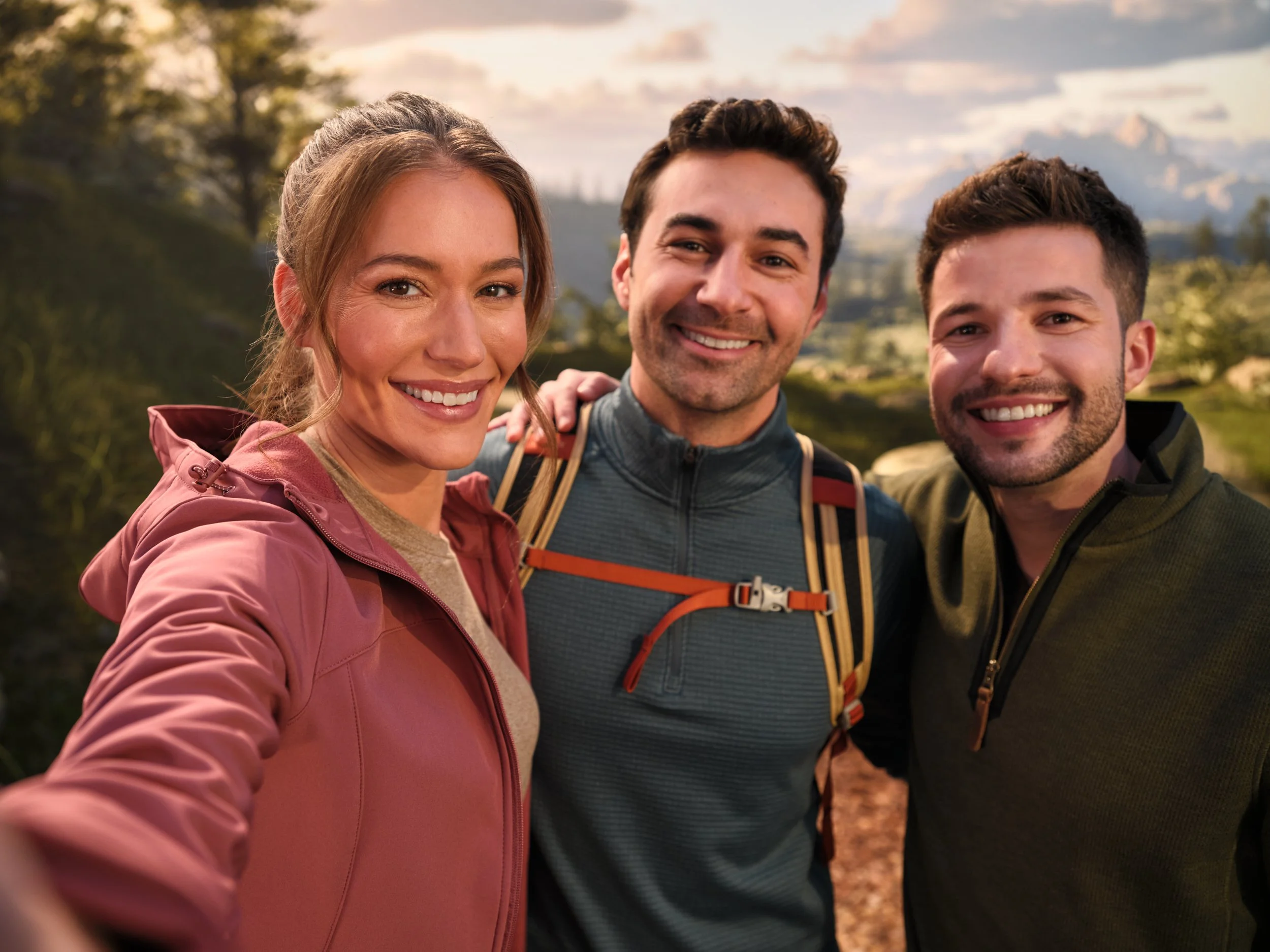Three people taking a selfie while hiking, representing an active health and wellbeing lifestyle.