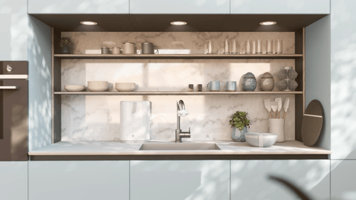 An animated graphic of an eSpring E3 carbon filter on a kitchen counter, highlighting the system's filtration features.