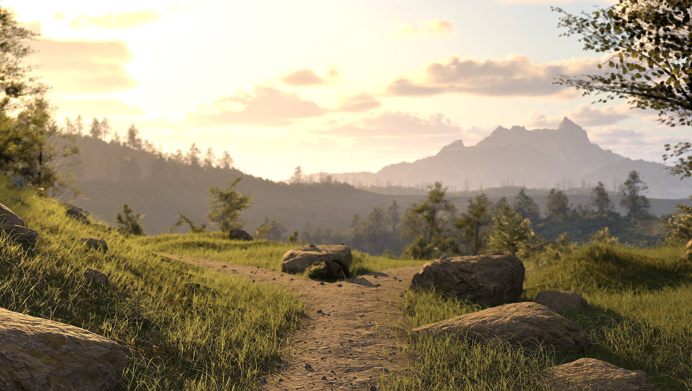 Virtual environment of a grassy mountain trail at sunset with rolling green landscape, distant peaks, and a golden sky.