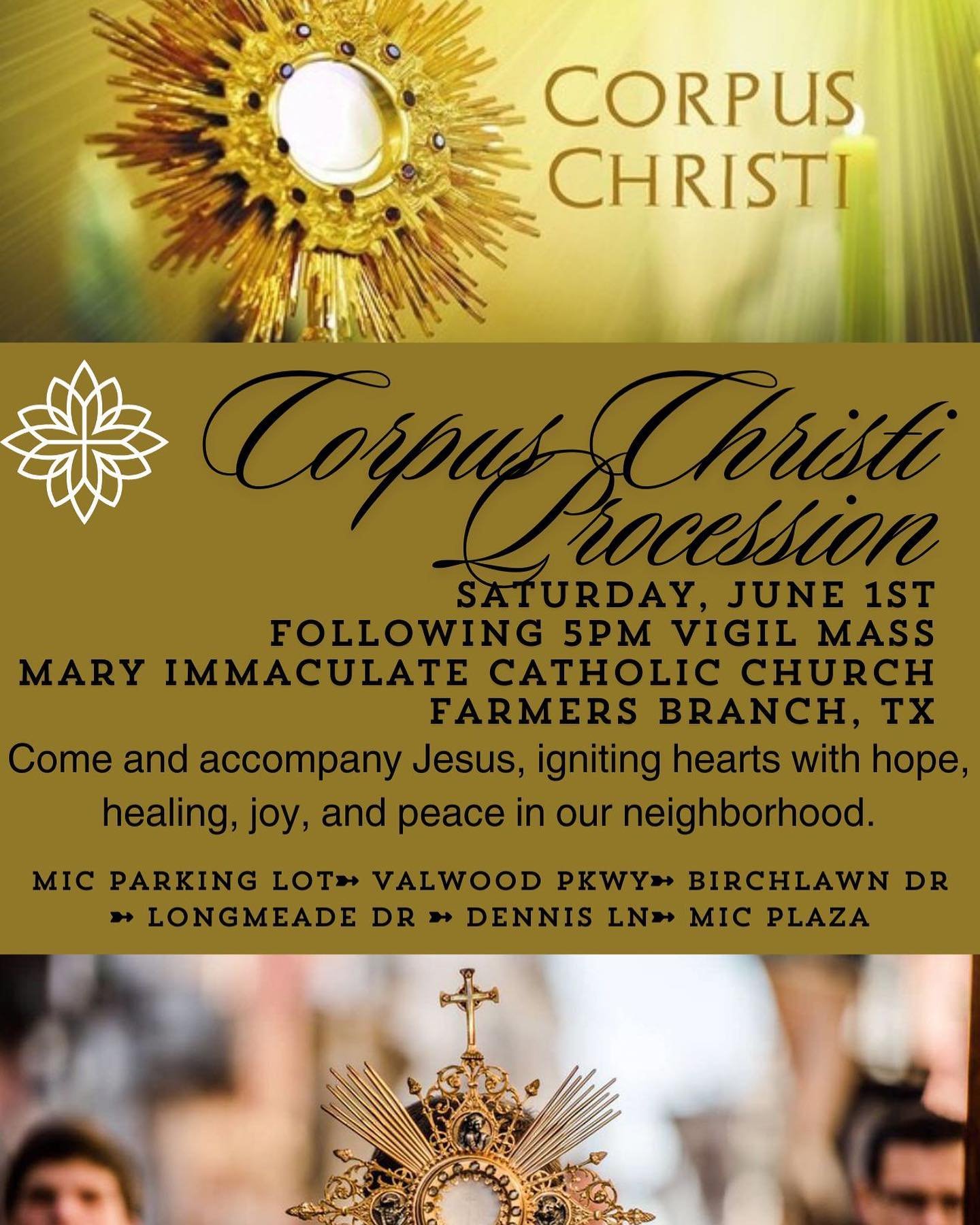 Join us for our Corpus Christi Procession on Saturday, June 1 after 5pm Mass. 

We hope to see you there!