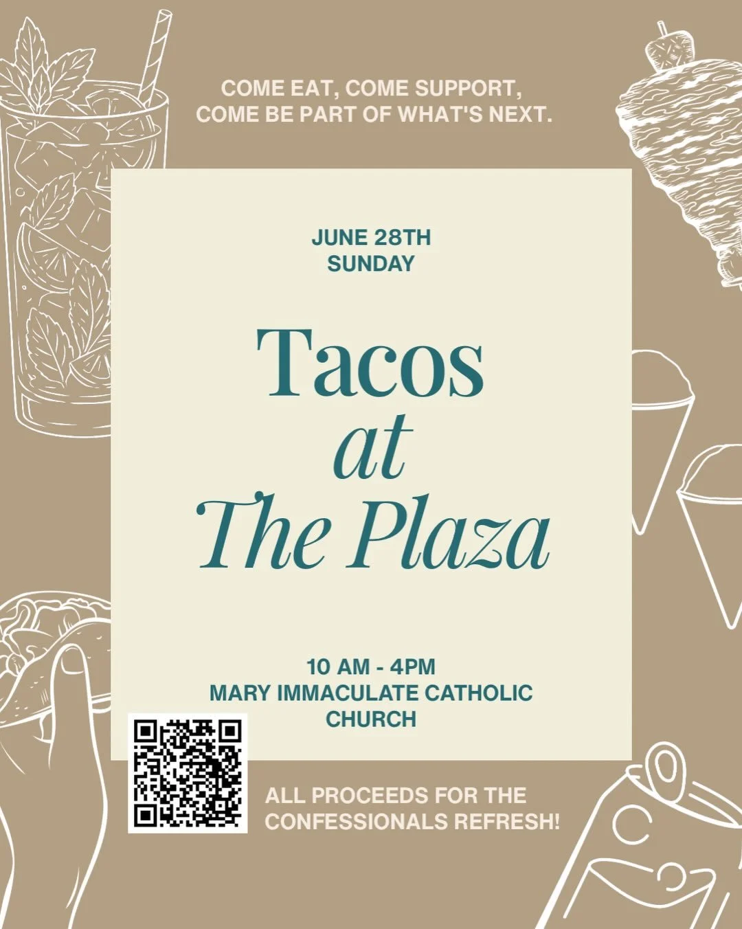 We all get hungry &amp; have to eat so why not come grab a taco with us! We&rsquo;ll also have ice-cold raspados waiting. 🌮🧊 All funds go towards an upgrade for our confessionals! We want the rooms to represent the gift and beauty of the Sacrament 