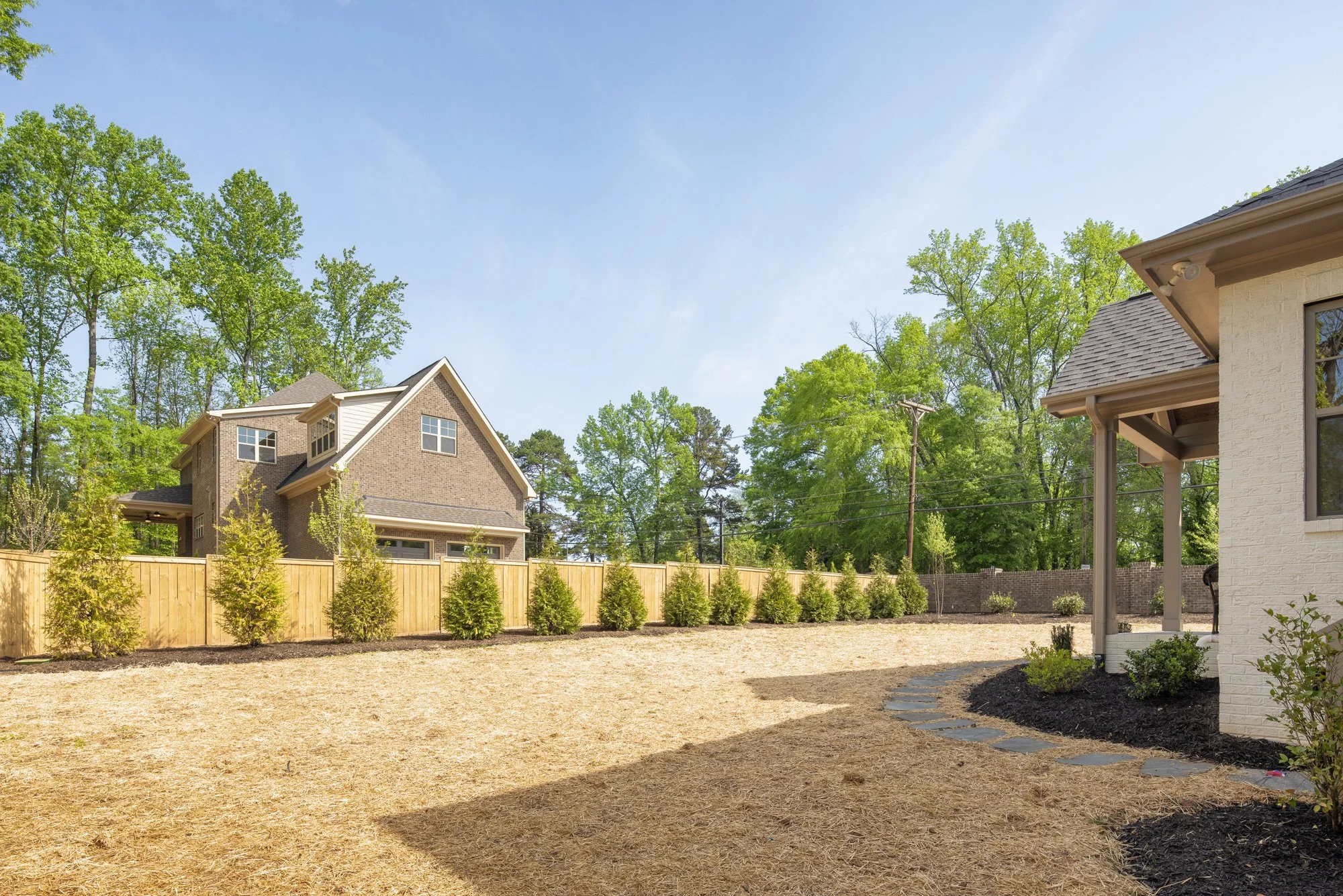Backyard with new lawn seeding, wooden privacy fence, and residential houses, surrounded by trees and clear blue sky.