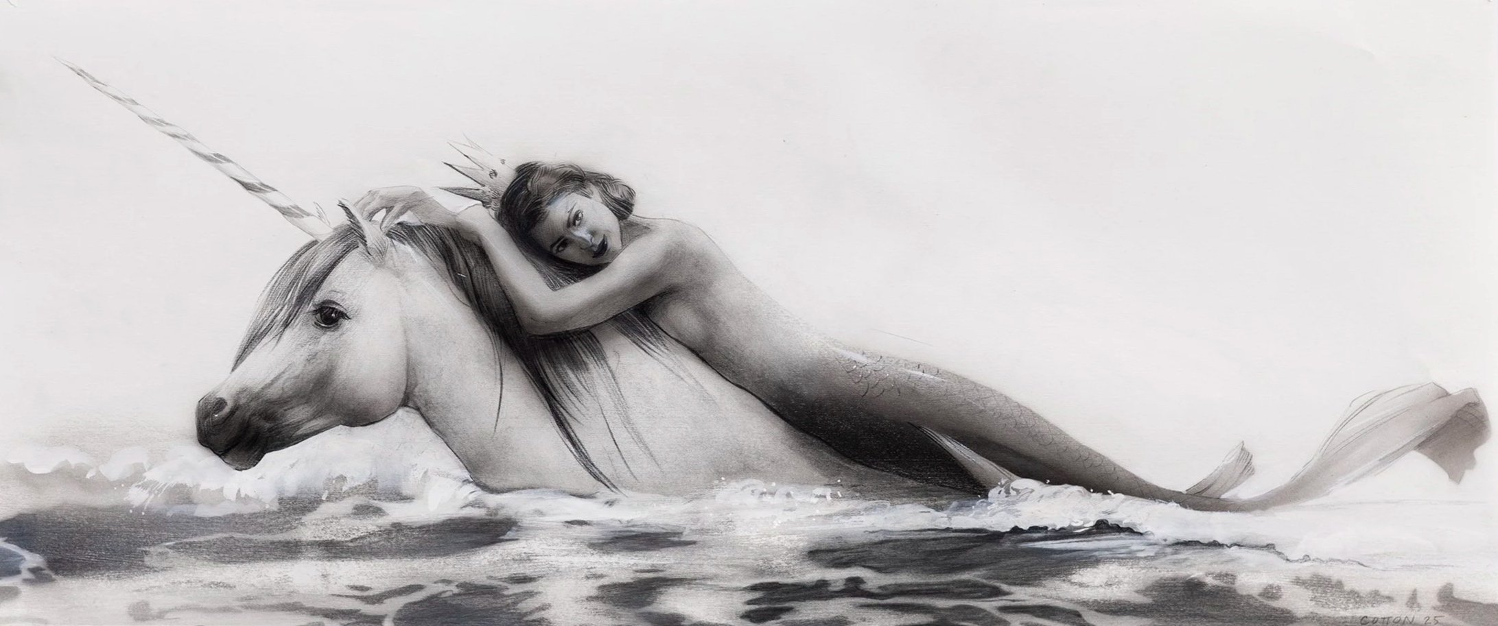 Friends, 2025, conte crayon, pencil, acrylic and gouche on paper, 12 1/2 x 30 inches