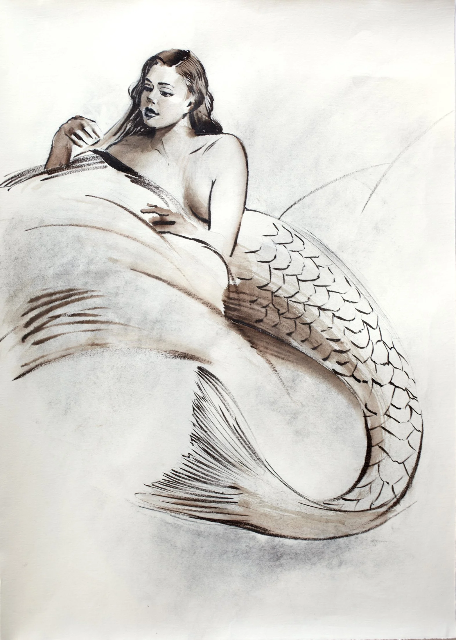 Mermaid Study (with pangolin scales), 2025, pencil, charcoal, ink and chalk on paper, 20 1/2 x 14 3/4 inches