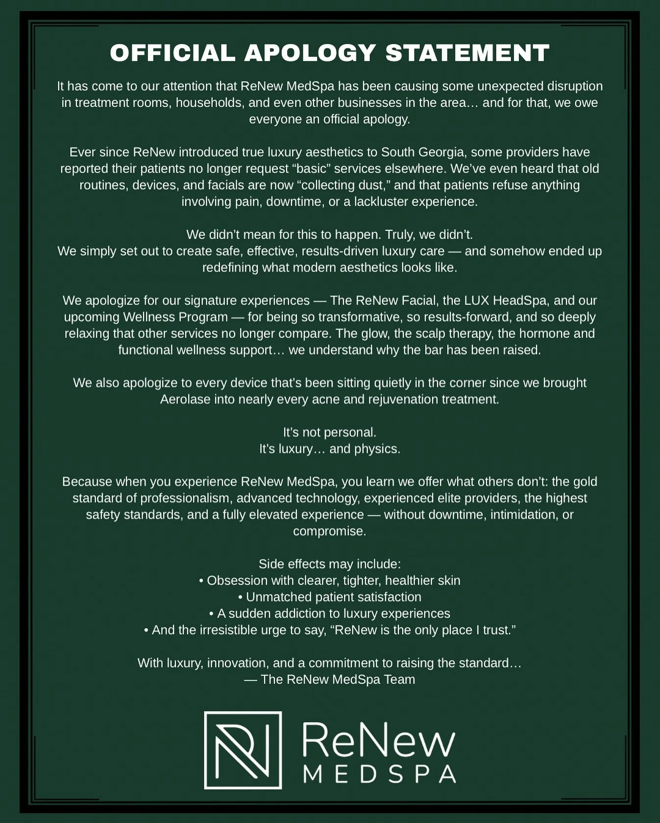 At ReNew MedSpa, we don&rsquo;t just raise the standard &mdash; we redefine it. 🙌🏼

Our signature experiences, advanced technology, and upcoming Wellness Program have created a level of luxury that South Georgia wasn&rsquo;t ready for&hellip; but n