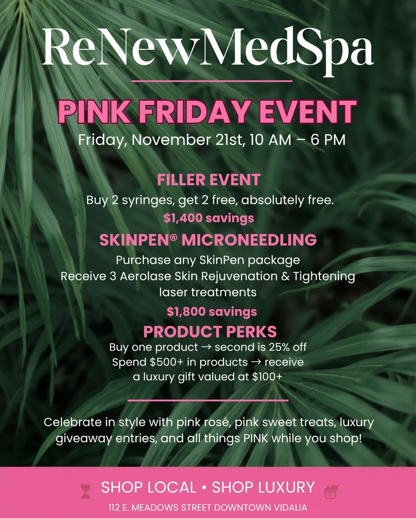 🩷 PINK FRIDAY at ReNew MedSpa 🩷

Friday, November 21st &bull; 10AM&ndash;6PM
Shop Local &bull; Shop Luxury

Pink Friday is a nationwide movement created to spotlight and support local, women-owned businesses the Friday before Black Friday. Instead 