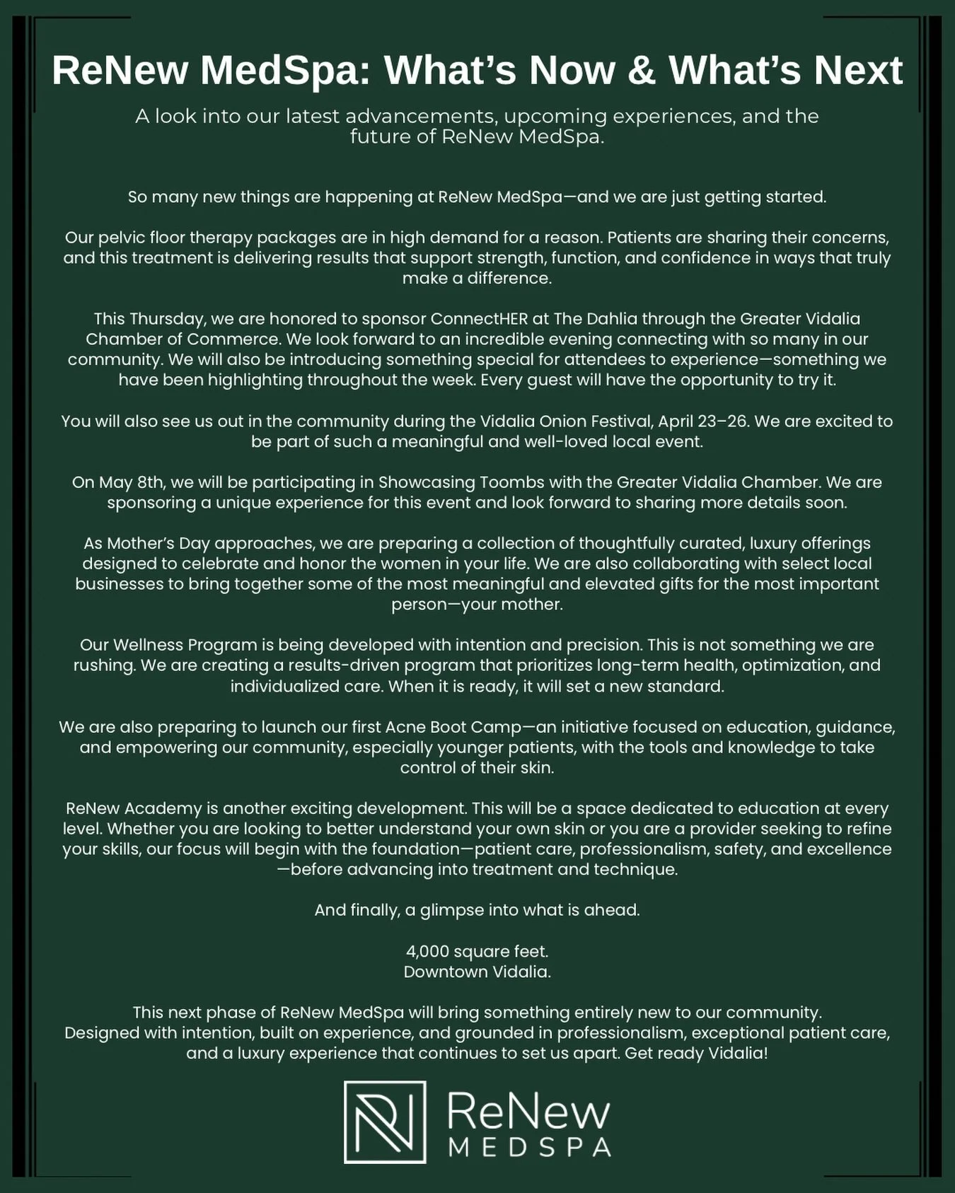 I wanted to personally share this with you because what&rsquo;s happening at ReNew MedSpa right now is something I&rsquo;m incredibly proud of.

Every decision we make, every service we offer, and everything we are building is done with intention. Wh