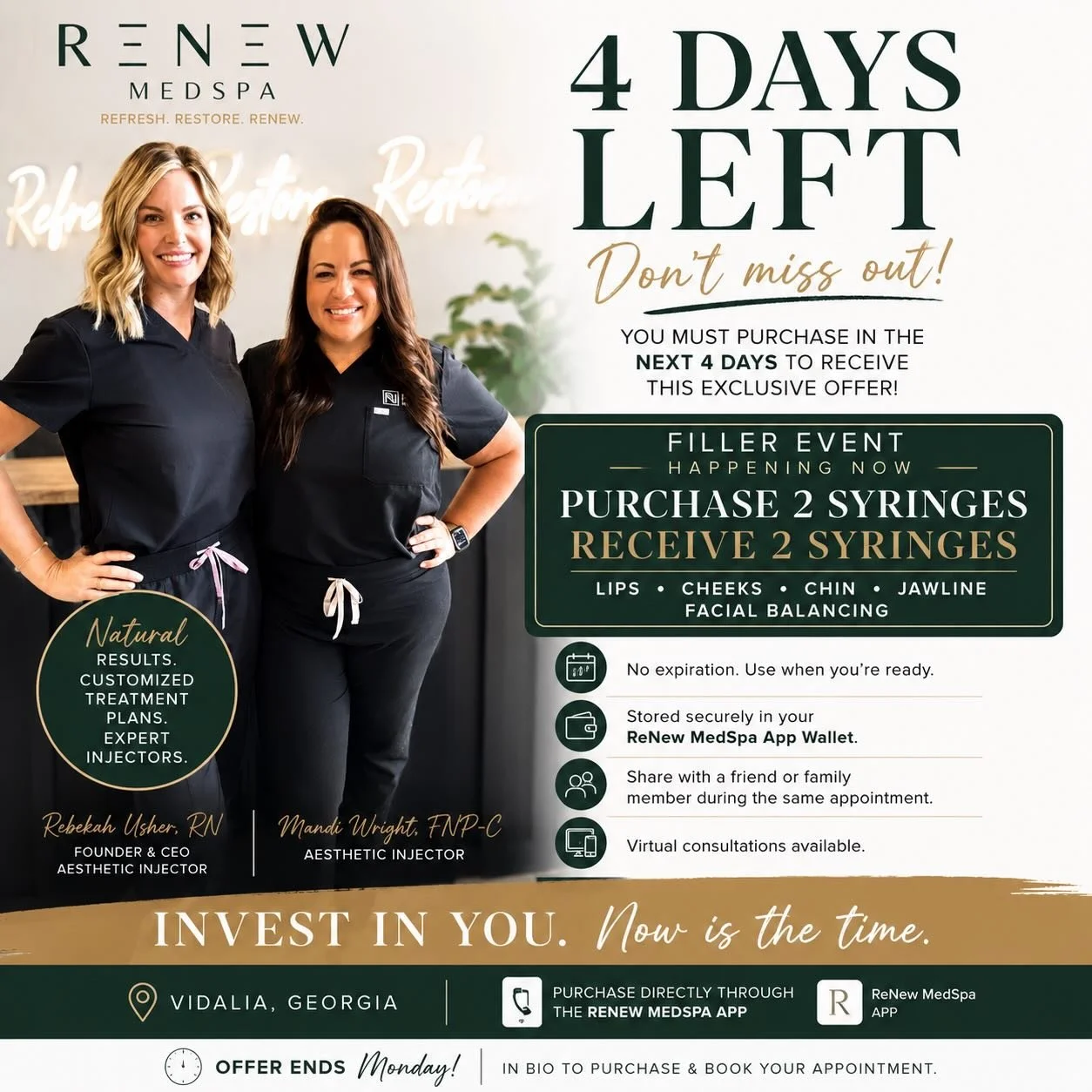 ⏰ Only 4 Days Left.

If you&rsquo;ve been thinking about filler but still have questions, please don&rsquo;t hesitate to reach out. We understand this is an investment and want you to feel confident in your decision. We&rsquo;re happy to discuss your