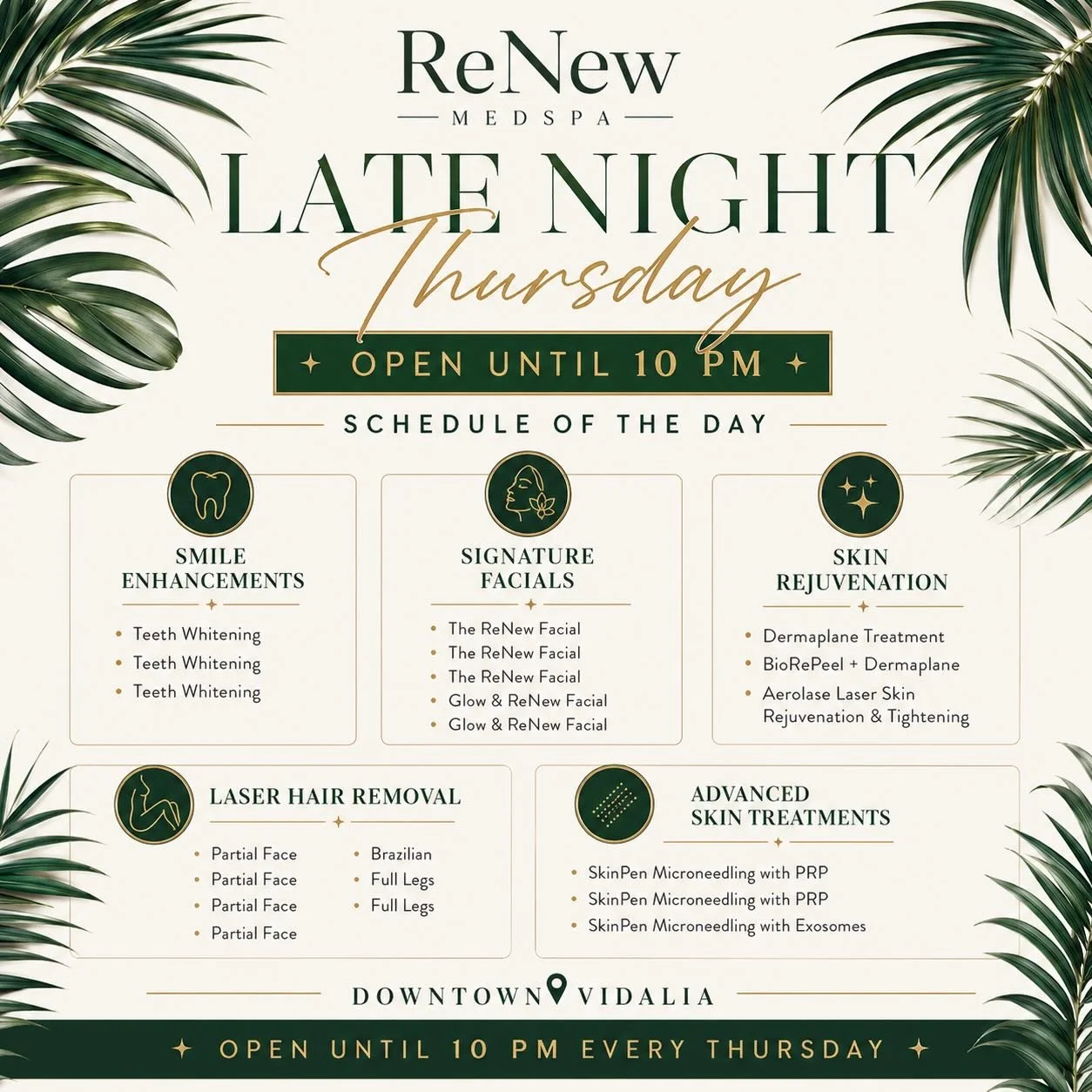 Late Night Thursday at ReNew MedSpa. ✨

Before it was a trend, it was our tradition.

Years ago, we introduced Late Night Thursdays in Downtown Vidalia because we believed self-care should fit into real life. We stayed open later so busy professional