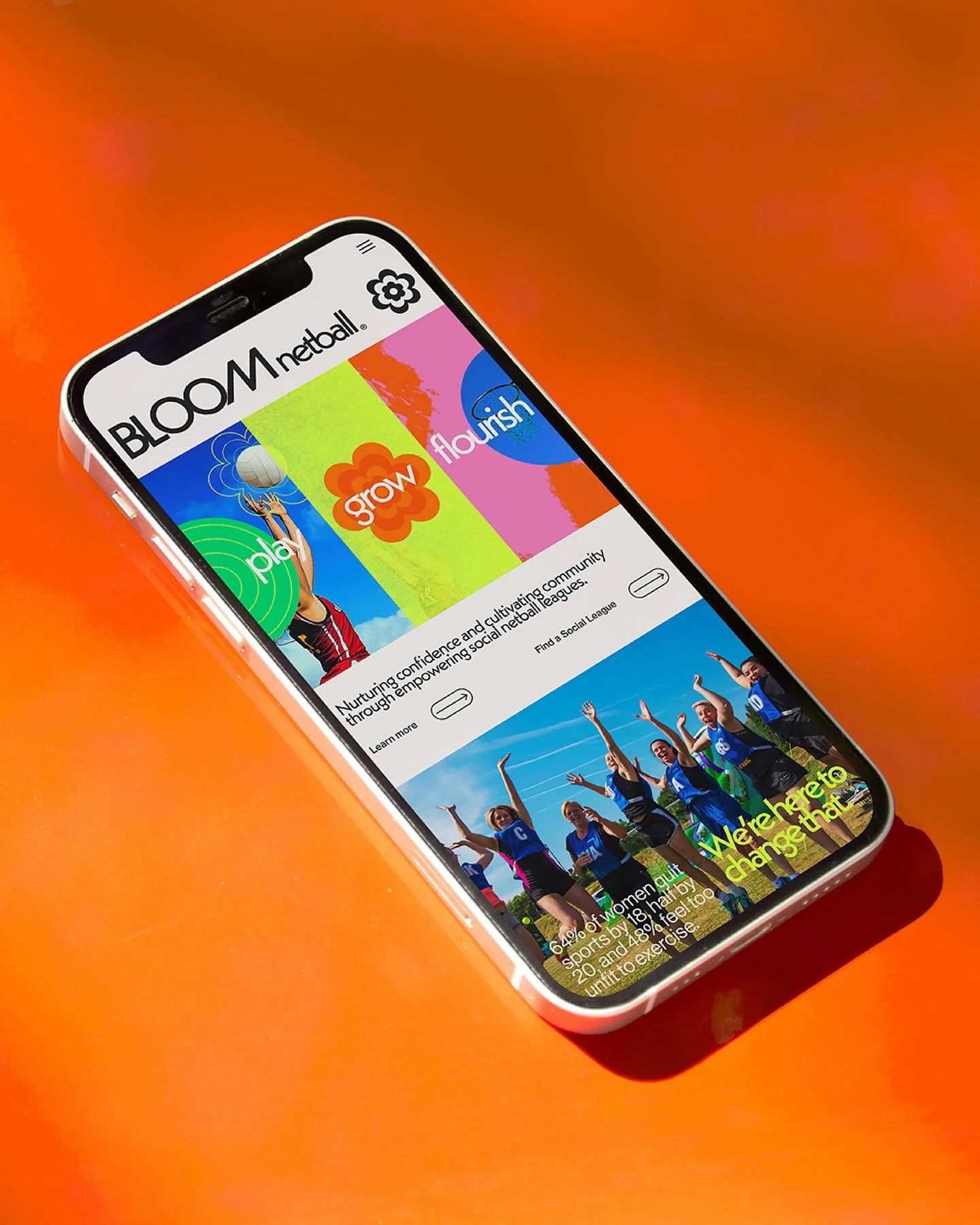 Mobile view for the Bloom Netball rebrand! Previously Leagues4You, this was a complete transformation covering everything from naming and strategy to a vibrant visual identity, apparel and digital.

A brand built to empower women, celebrate growth an