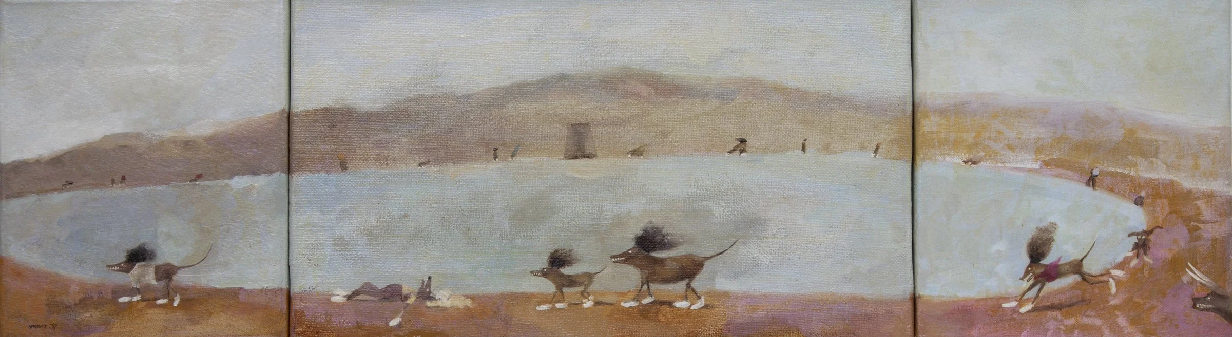  Around The Mona Dam  (1997), 28 inches x 8 inches (1 panel 14 x 8 inches, 2 panels each 8 x 7 inches), oil on linen