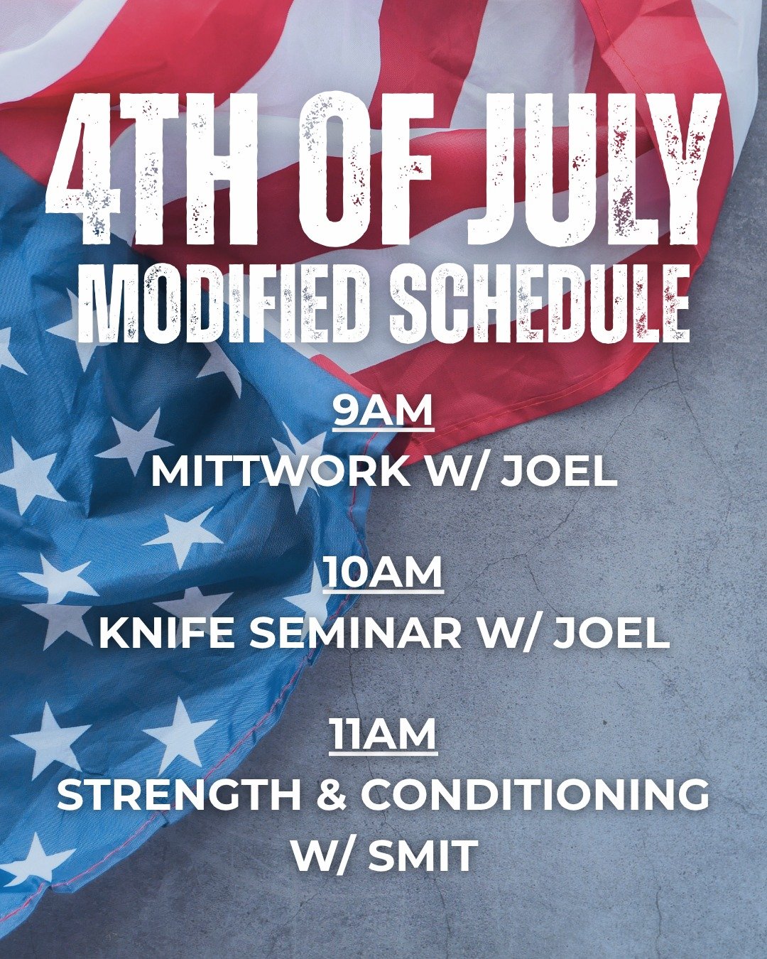 On Friday, July 4th we will not be open for our regular classes, HOWEVER, we will be hosting some special classes in the morning!

Join us for Joel's 9am Mittwork class, where you will get a great workout while learning combatives and fun combination