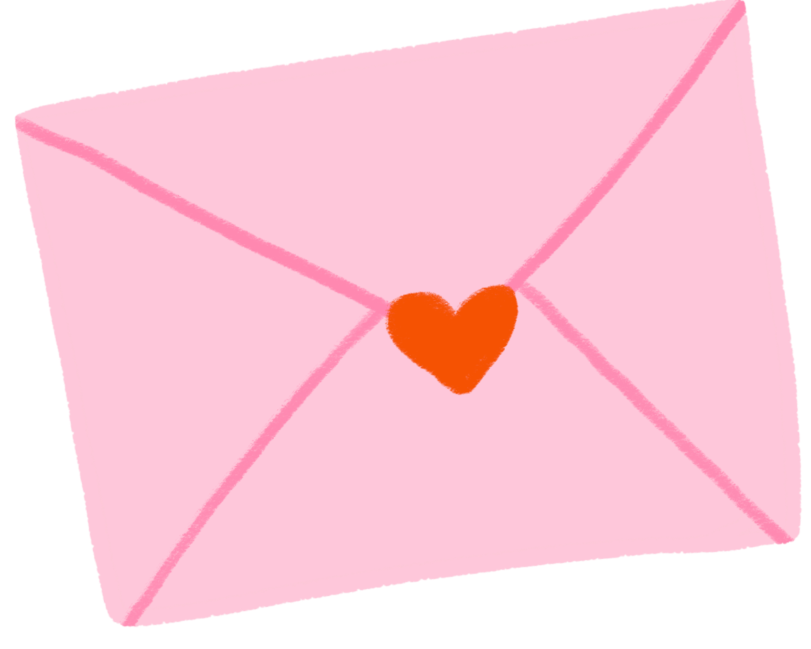 Pink envelope with a red heart seal.