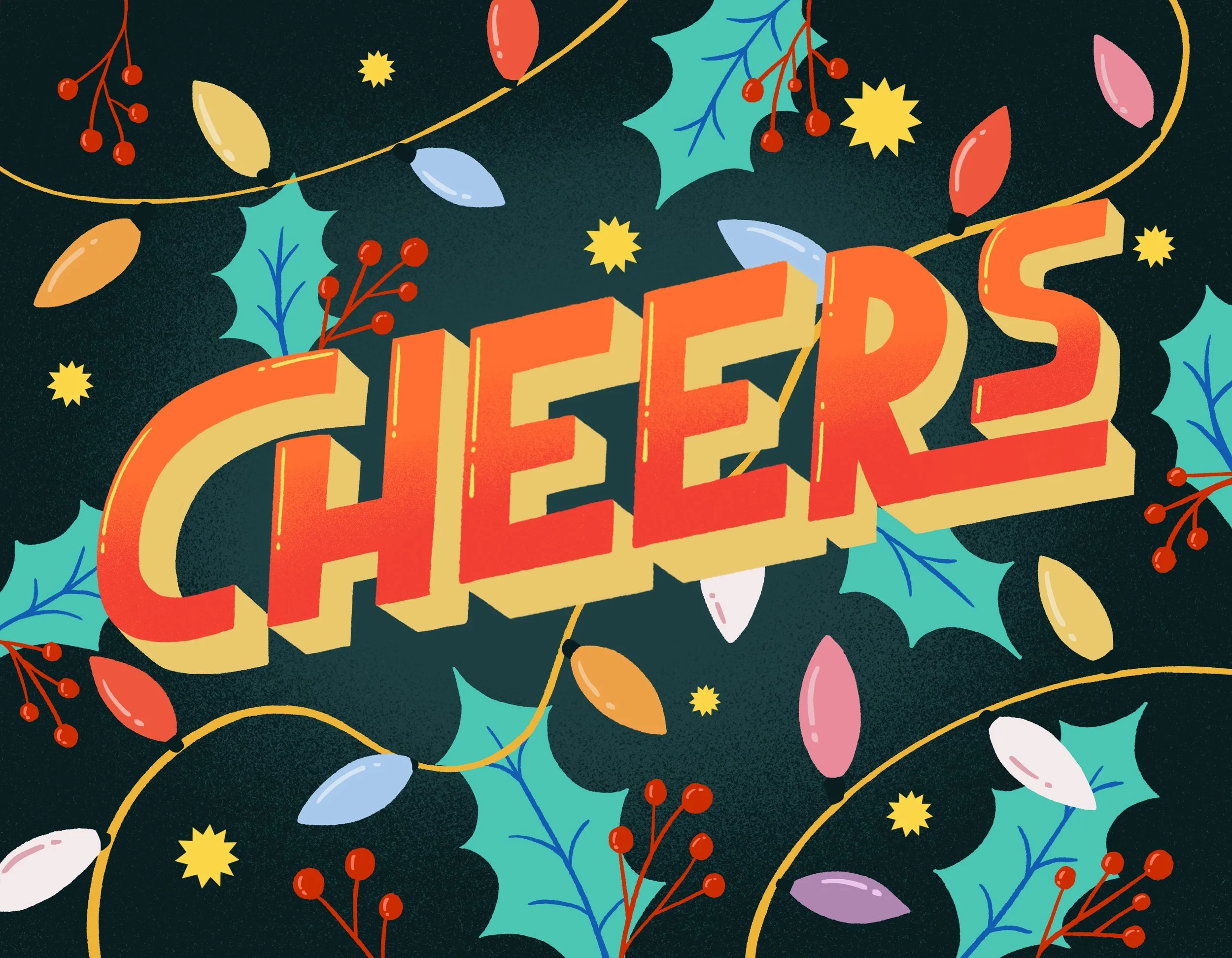 Festive holiday background with the word 'CHEERS' in large red and cream 3D letters, decorated with holly leaves, berries, and colorful string lights on a dark background.