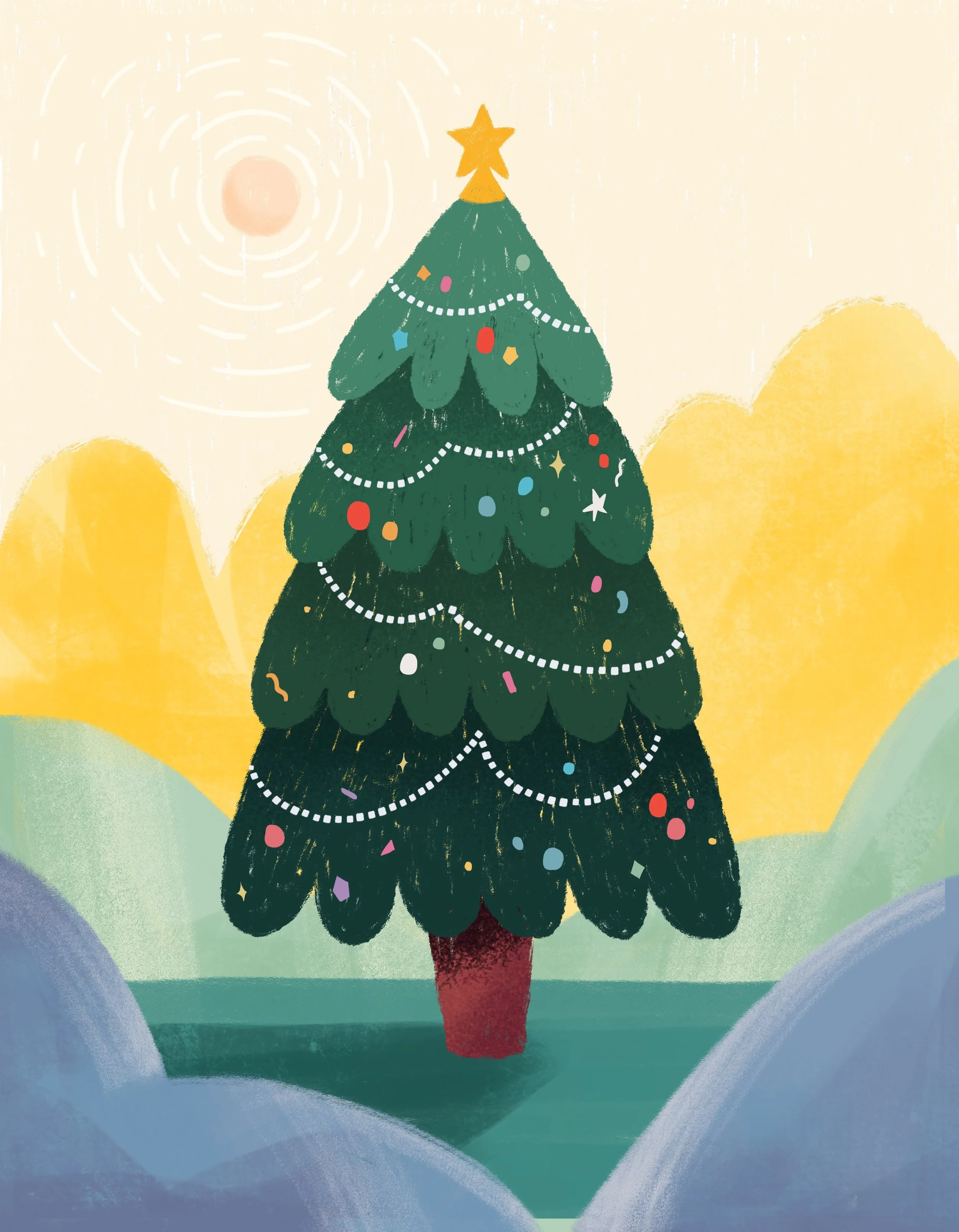 A decorated Christmas tree with a yellow star on top, ornaments, and garlands, set in a landscape with yellow mountains and a sun overhead.