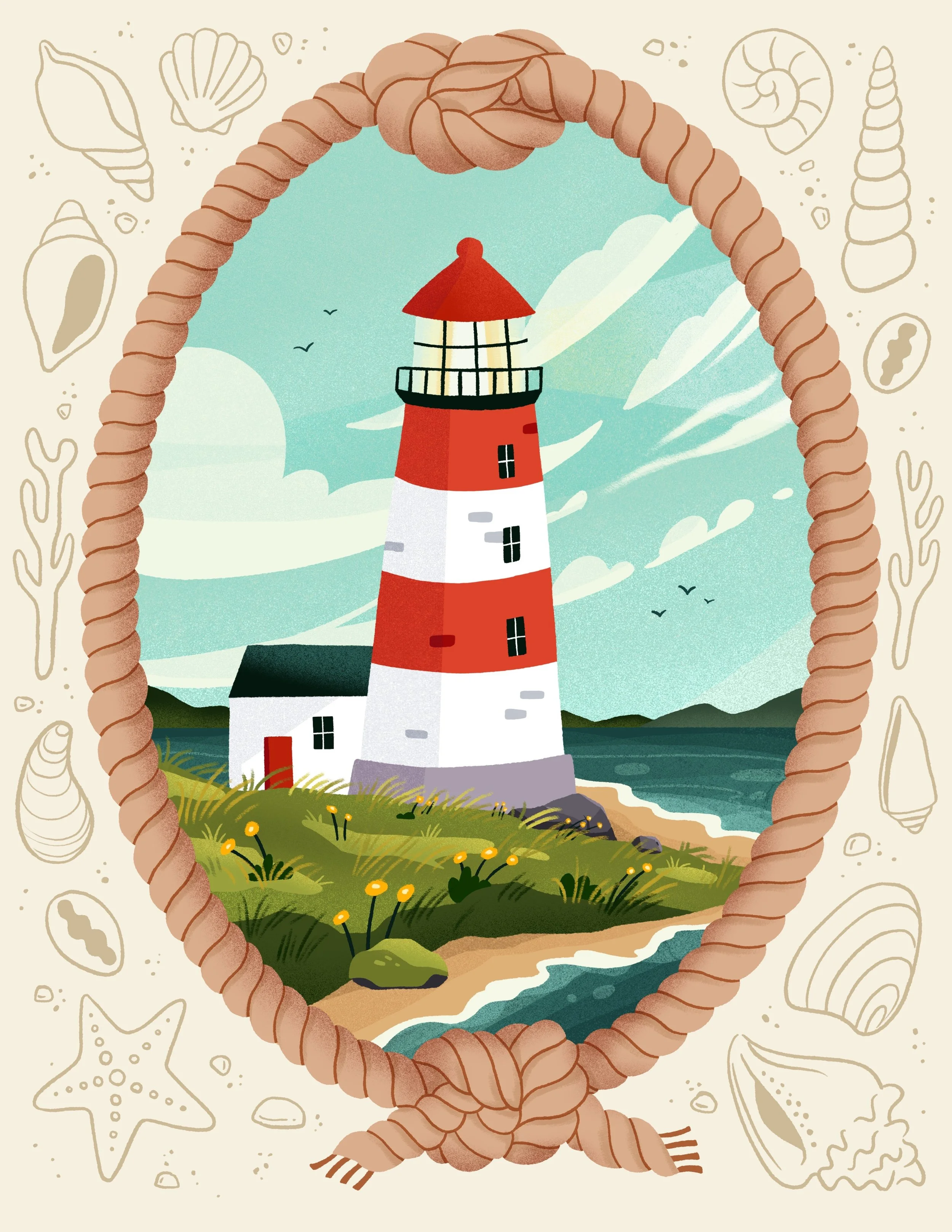 Illustration of a lighthouse on a grassy coastline, framed by a pink rope border, with a sky filled with clouds and seagulls.