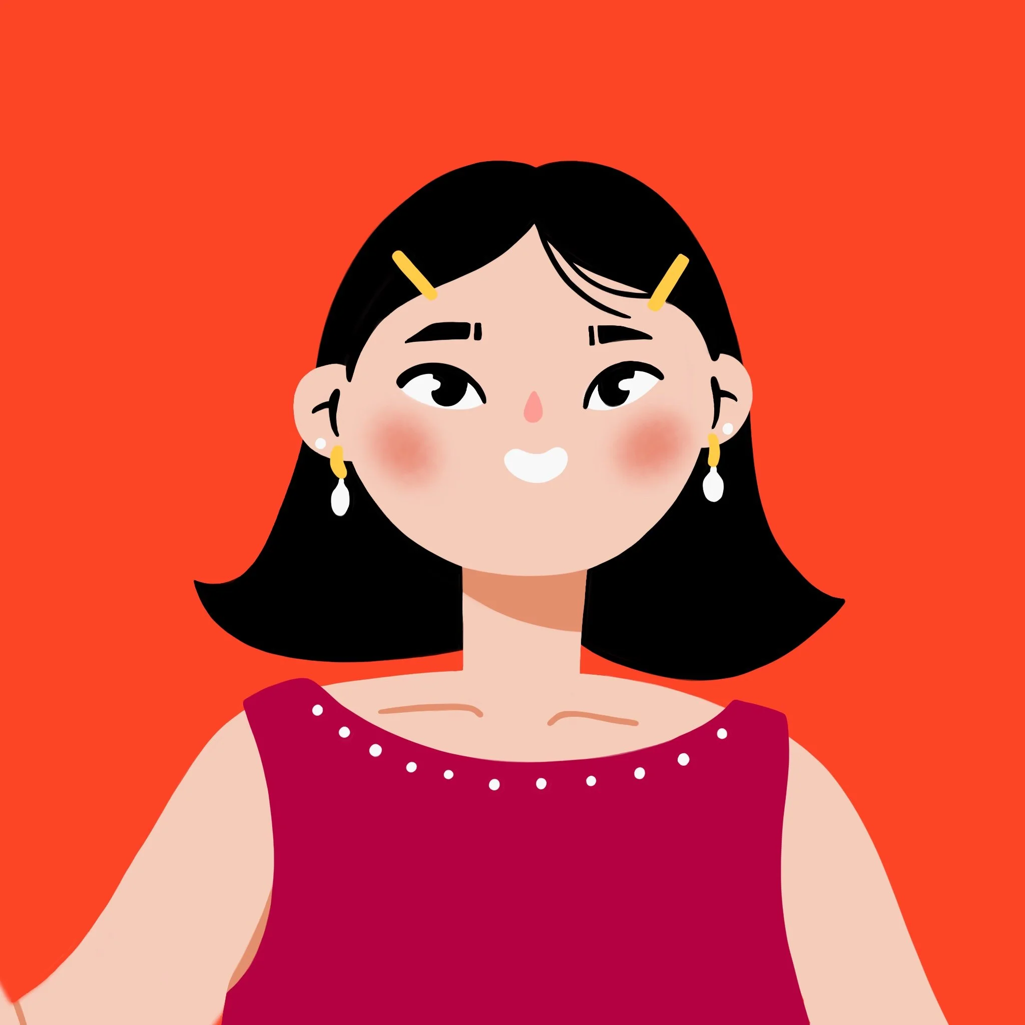 An illustrated version of Fyonna, wearing a red sleeveless dress with white dot details, pearl earrings, and hair clips, smiling against a red background.