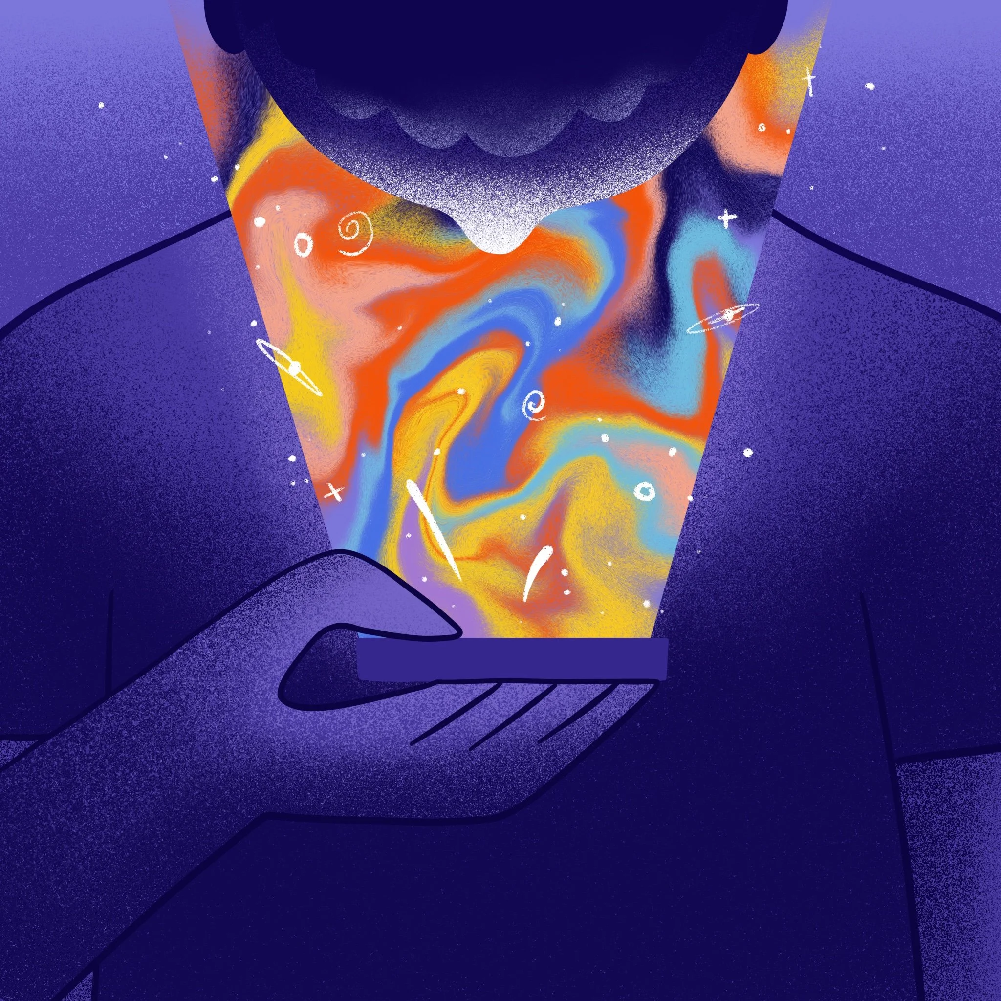 A person holding a smartphone with a cosmic, swirling, colorful display projected from the screen, resembling space with stars, planets, and galaxies.