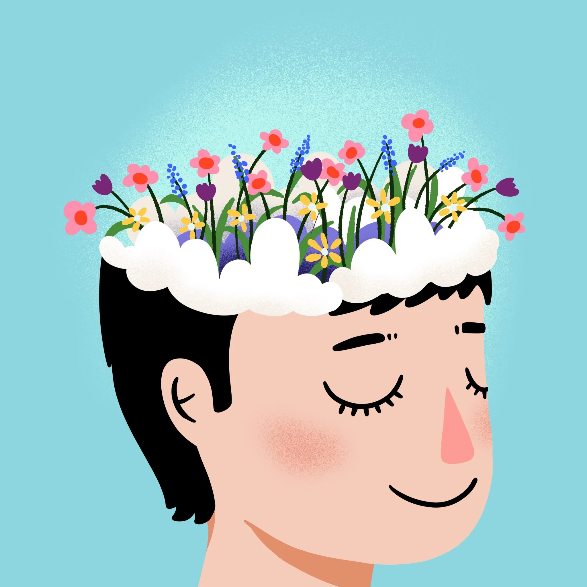 An illustration of a woman with short black hair and closed eyes, smiling, with a cloud of white fluffy material on top of their head filled with various colorful flowers and plants.