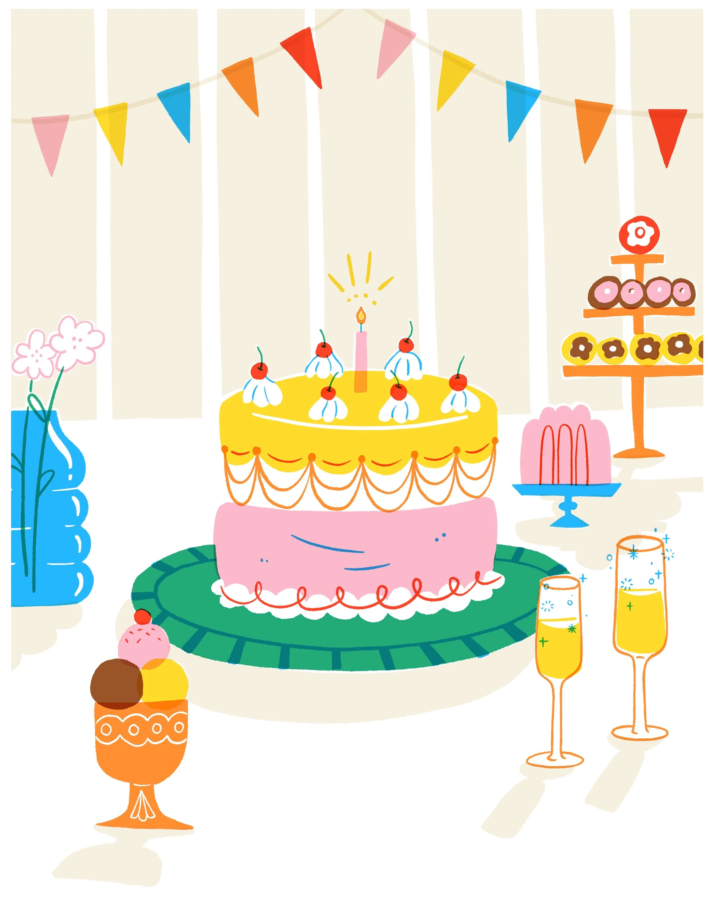 Colorful birthday celebration scene with a decorated cake topped with a candle, a tray of pink items, a tiered stand with donuts, a blue vase with pink flowers, two glasses of champagne, and multicolored pennant banners.