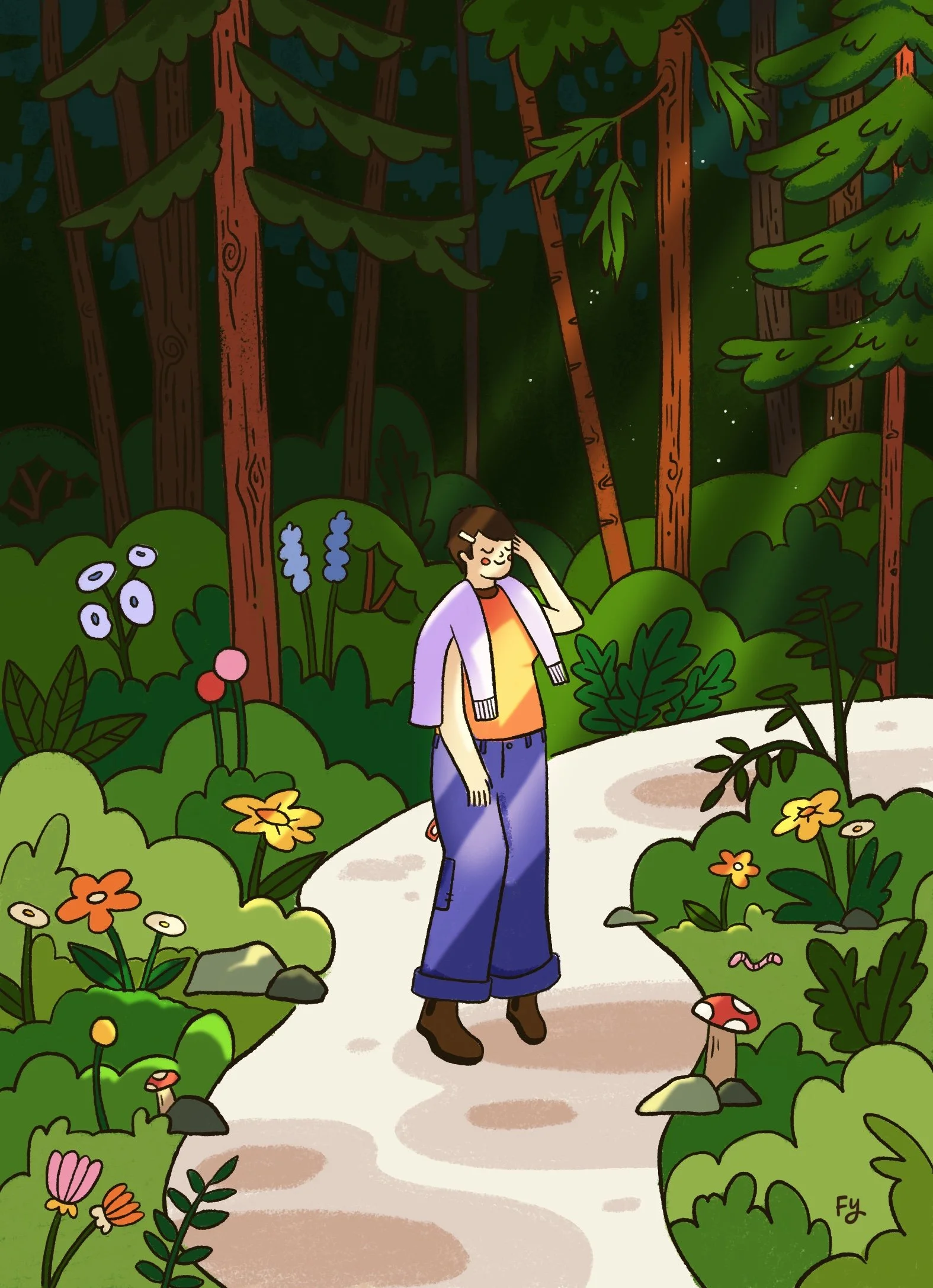 A woman standing on a forest trail surrounded by colorful flowers, trees, and bushes during the daytime.