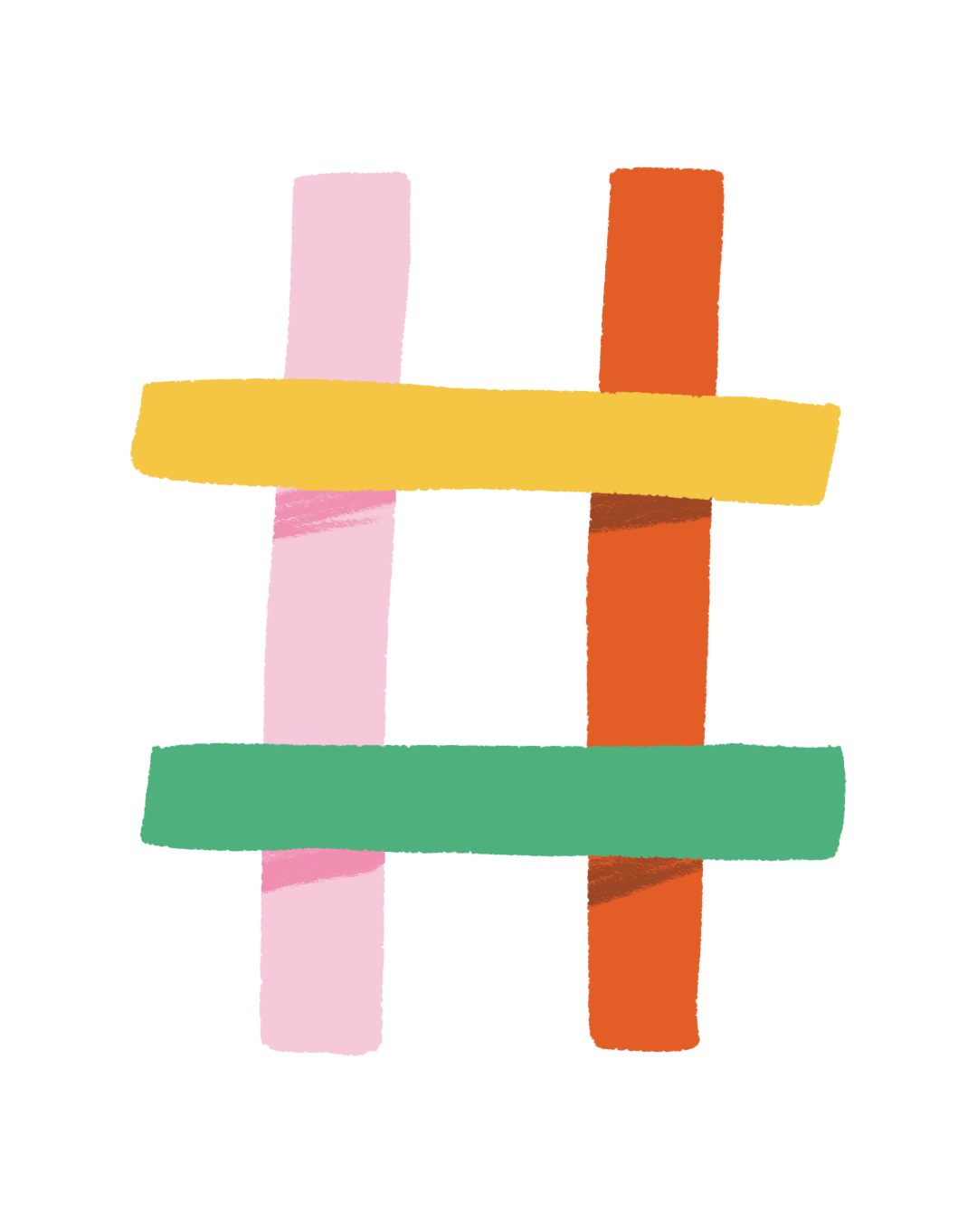 A colorful hashtag illustration with vertical and horizontal stripes in pink, red, yellow, green, and black.