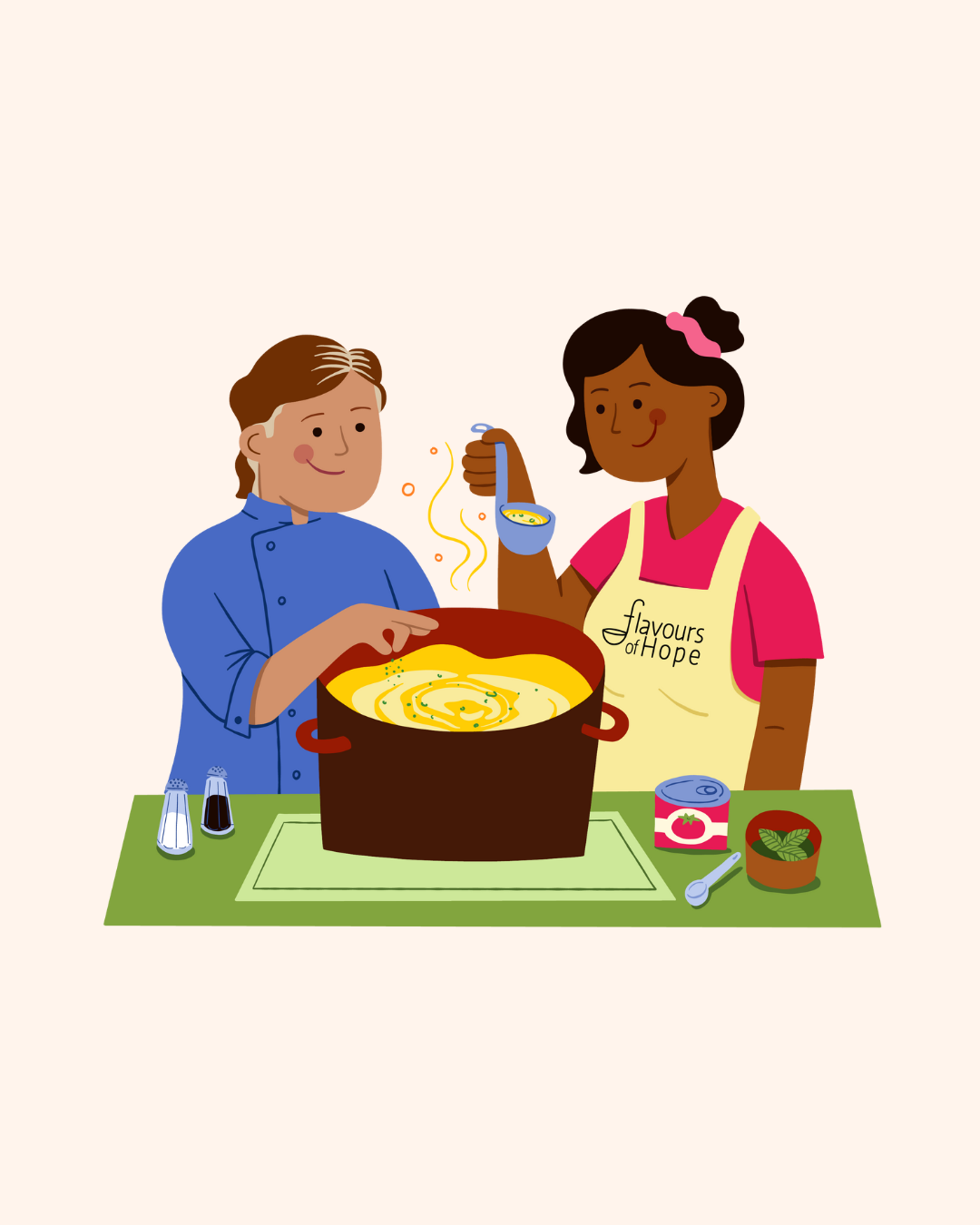 Two women preparing soup in a kitchen. One woman with short brown hair in a blue chef's coat, the other woman with dark skin and black hair tied with a pink ribbon, wearing a yellow apron labeled "flavours of Hope." They are stirring a large pot of soup on a green counter, with spices and a spoon nearby.