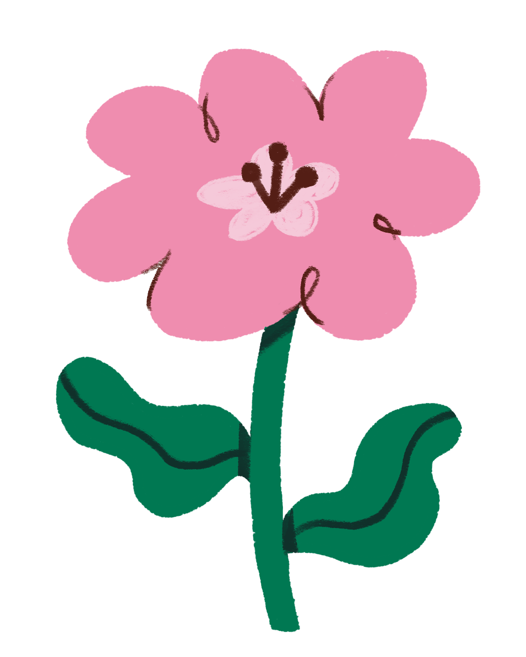 A simple drawing of a pink flower with green leaves
