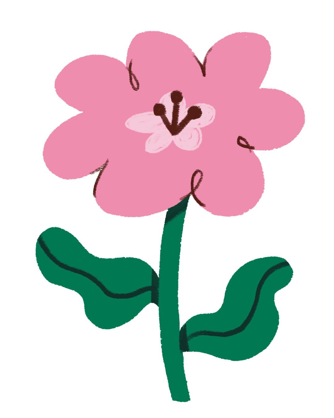 A simple drawing of a pink flower with green leaves