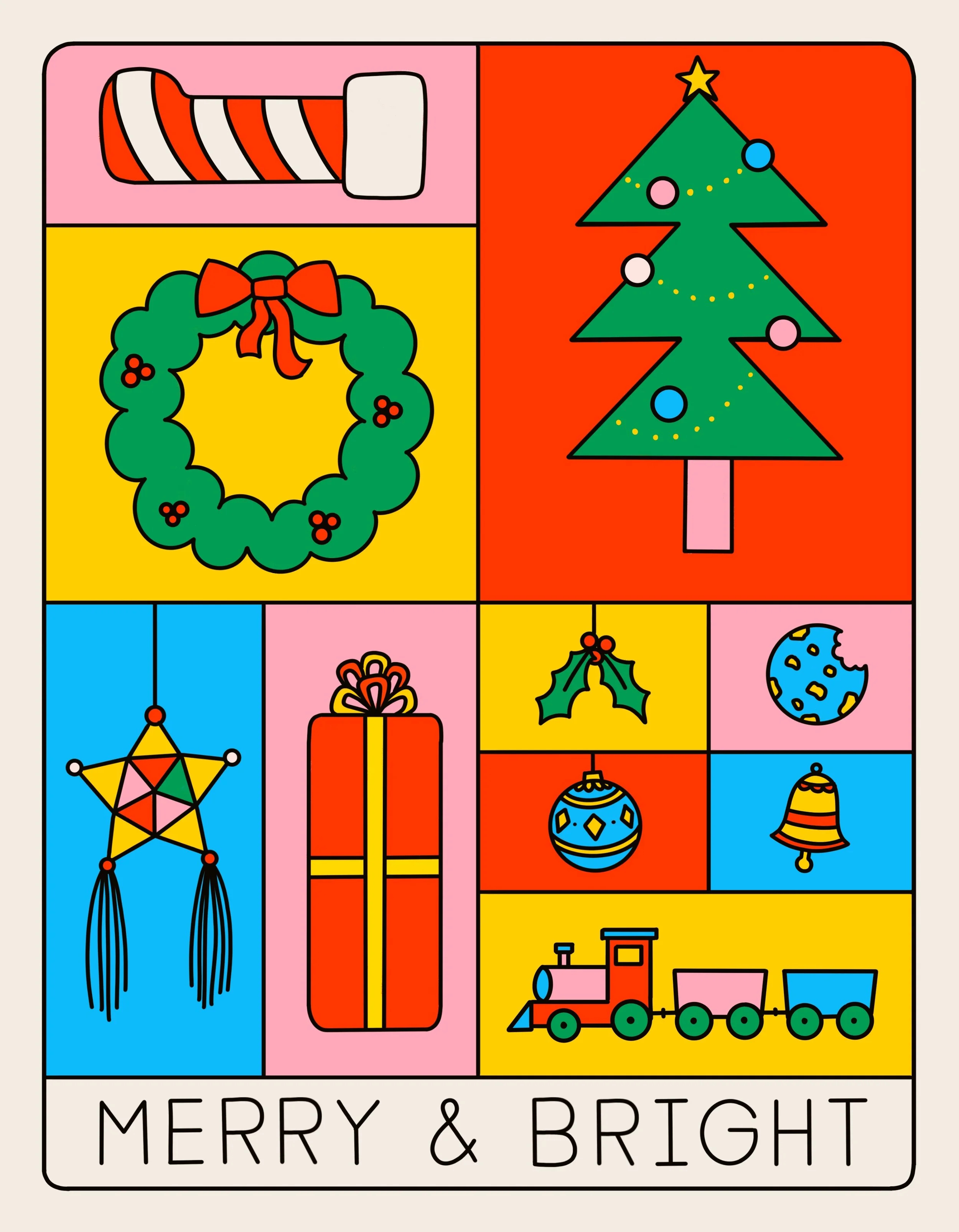 Colorful Christmas-themed illustration with a candy cane, Christmas tree, wreath, star, gift, ornaments, holly leaves, moon, bell, and train, with the caption "MERRY & BRIGHT" at the bottom.