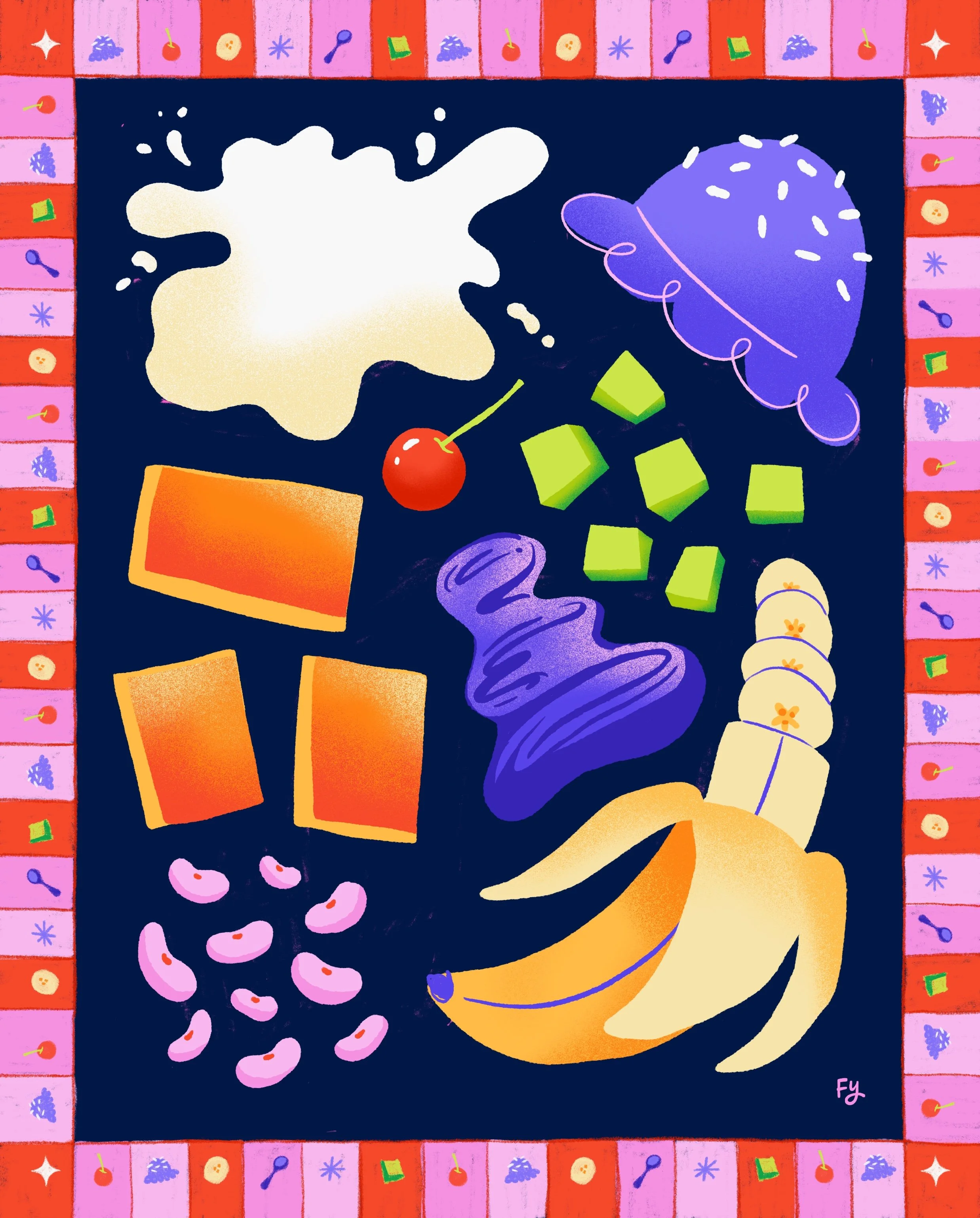 Colorful illustration of a deconstructed halo-halo, including a banana, ube jam, jello, flan, beans, a cherry, ube ice cream, and condensed milk, surrounded by a decorative border of small food icons.