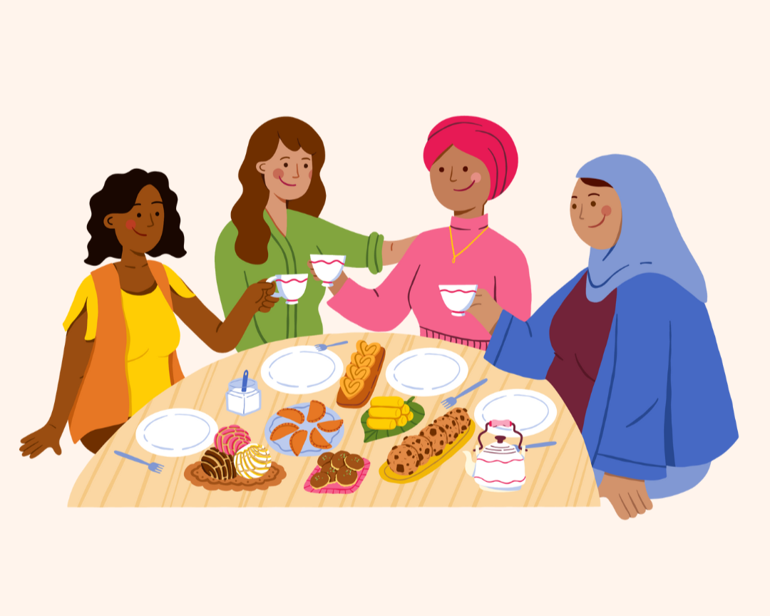 Four women of different ethnicities sharing a tea party at a round table with various desserts, including cookies, cupcakes, and a layered cake, and holding teacups.