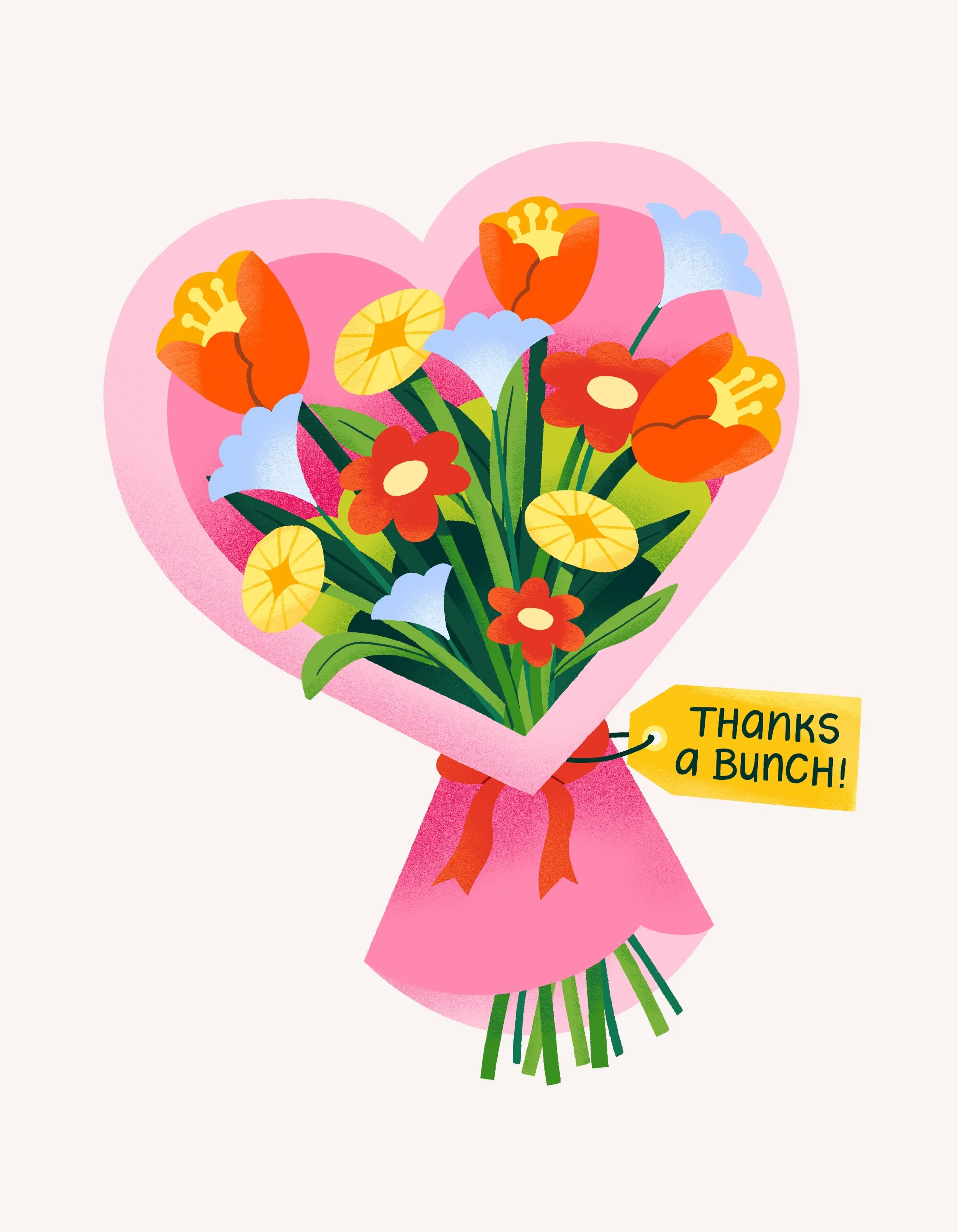 Colorful bouquet of various flowers wrapped in pink paper with a thank you note attached that reads "Thanks a Bunch!"