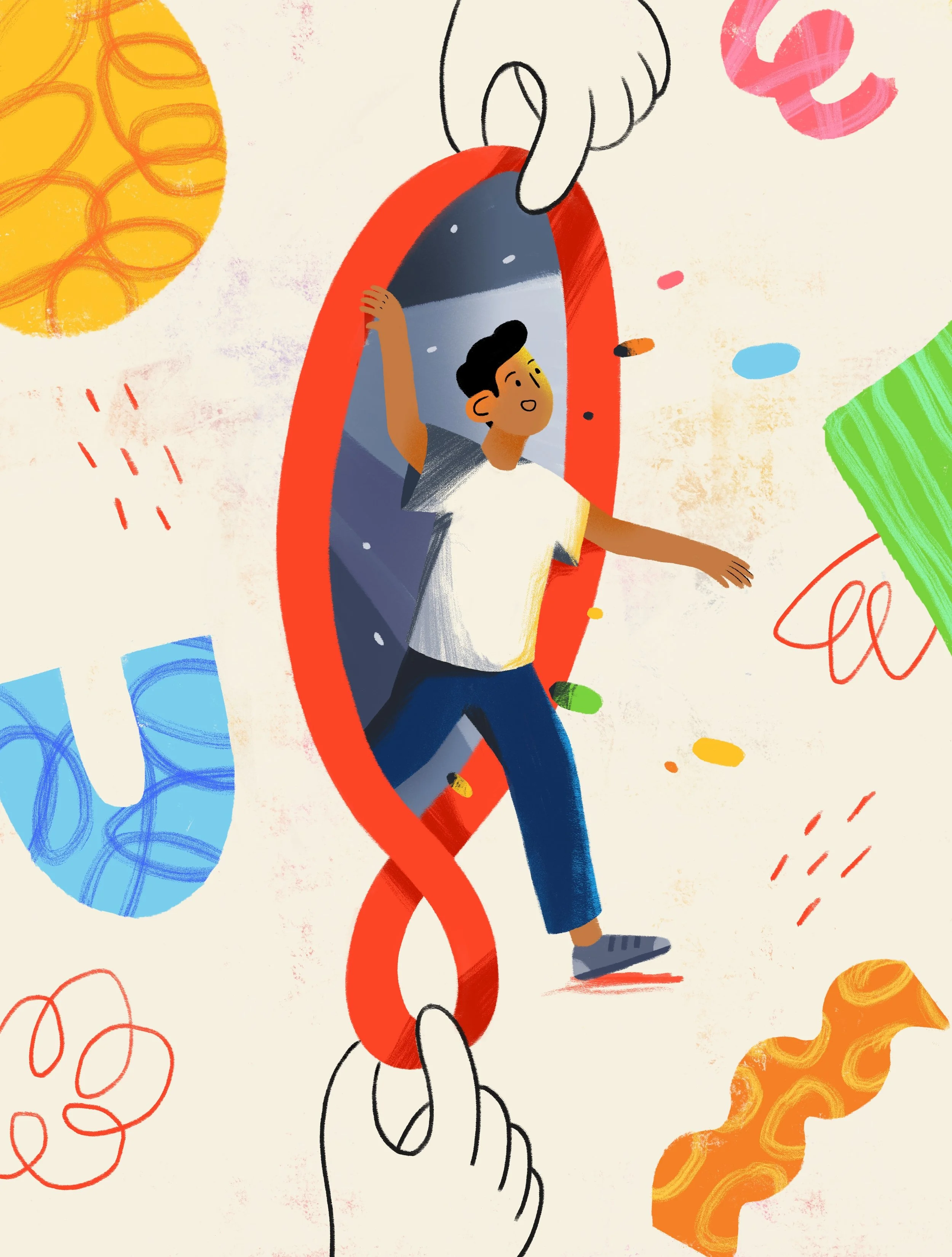 A young person is climbing out of a portal with colorful shapes floating around, and hands holding the portal.