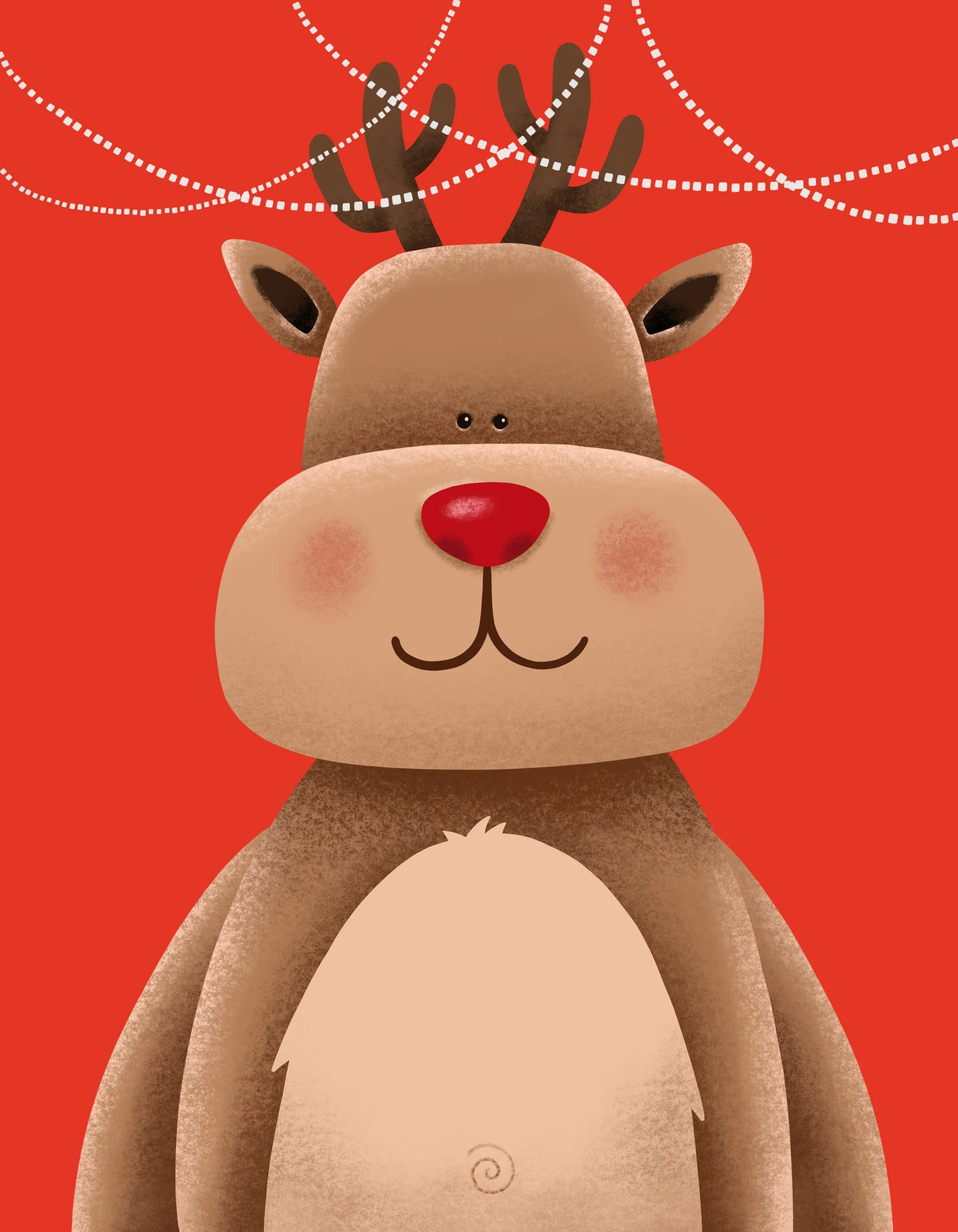 A cartoon reindeer with large antlers, a red nose, and a light-colored belly, set against a red background with white dotted lines resembling Christmas decorations.